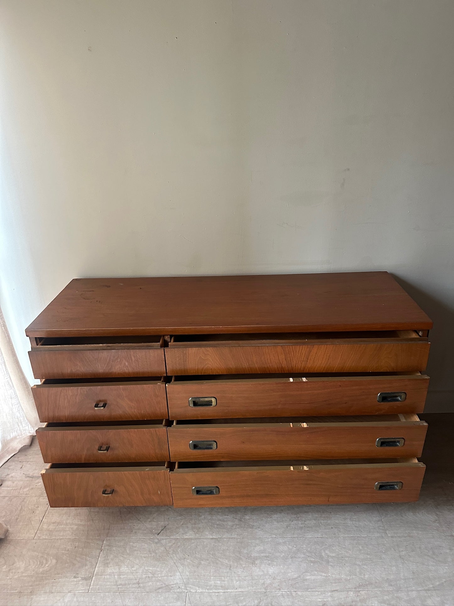 Campaign walnut 8 drawer dresser