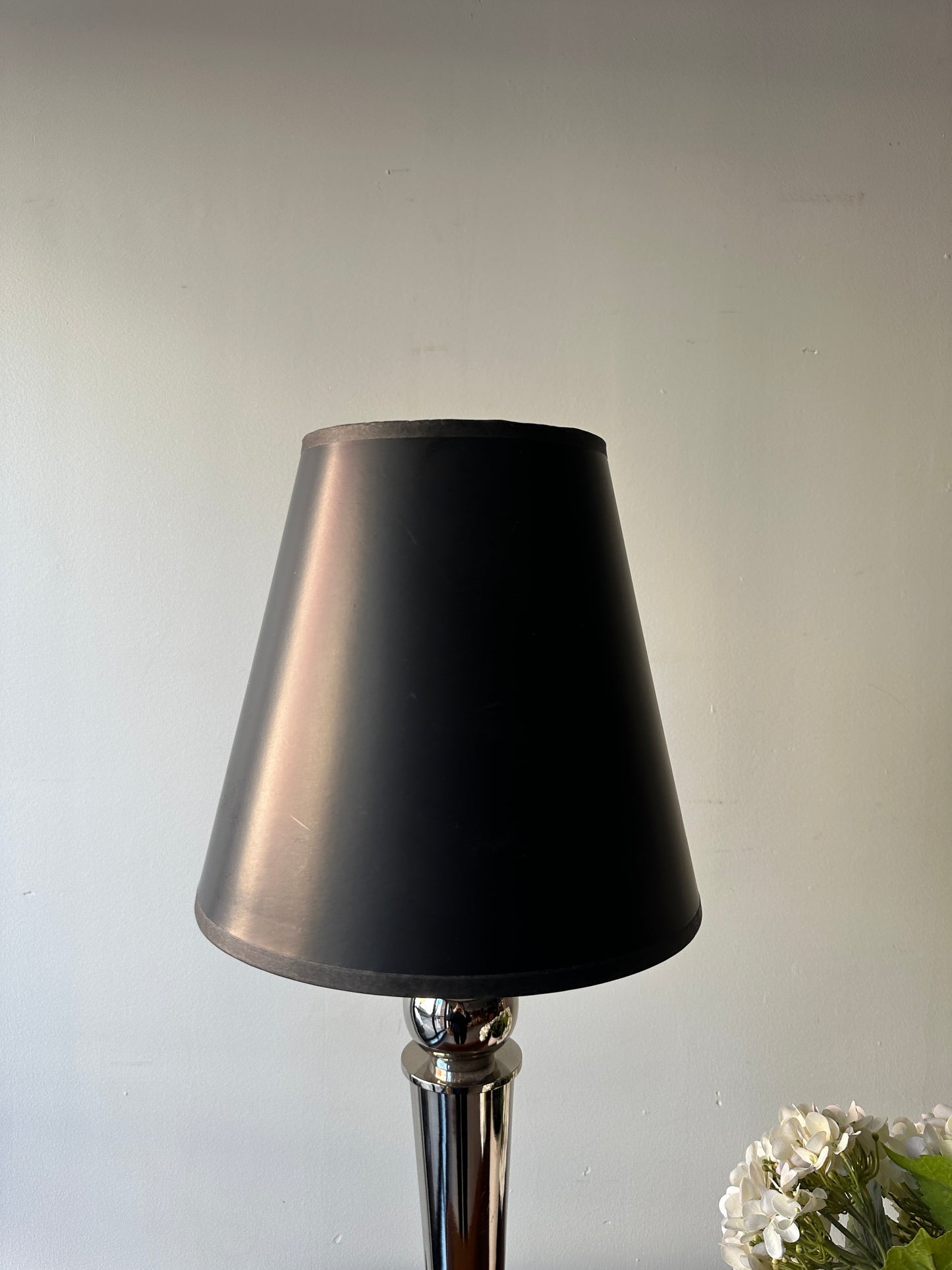 Pair of chrome, ball foot lamps.