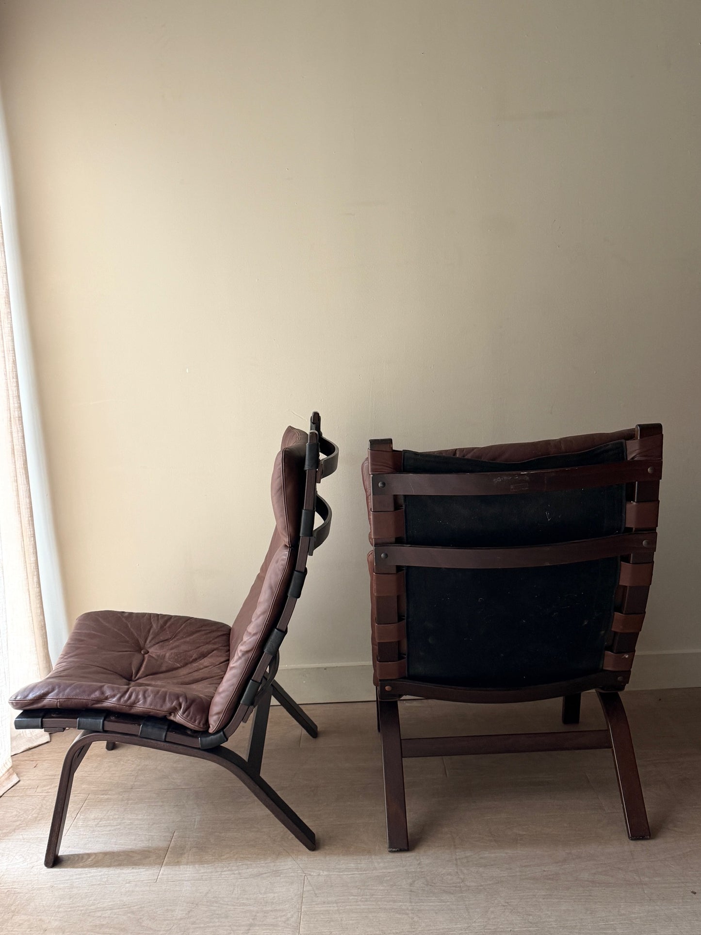 Farstrup Danish beech and leather lounge chairs. Sold individually.