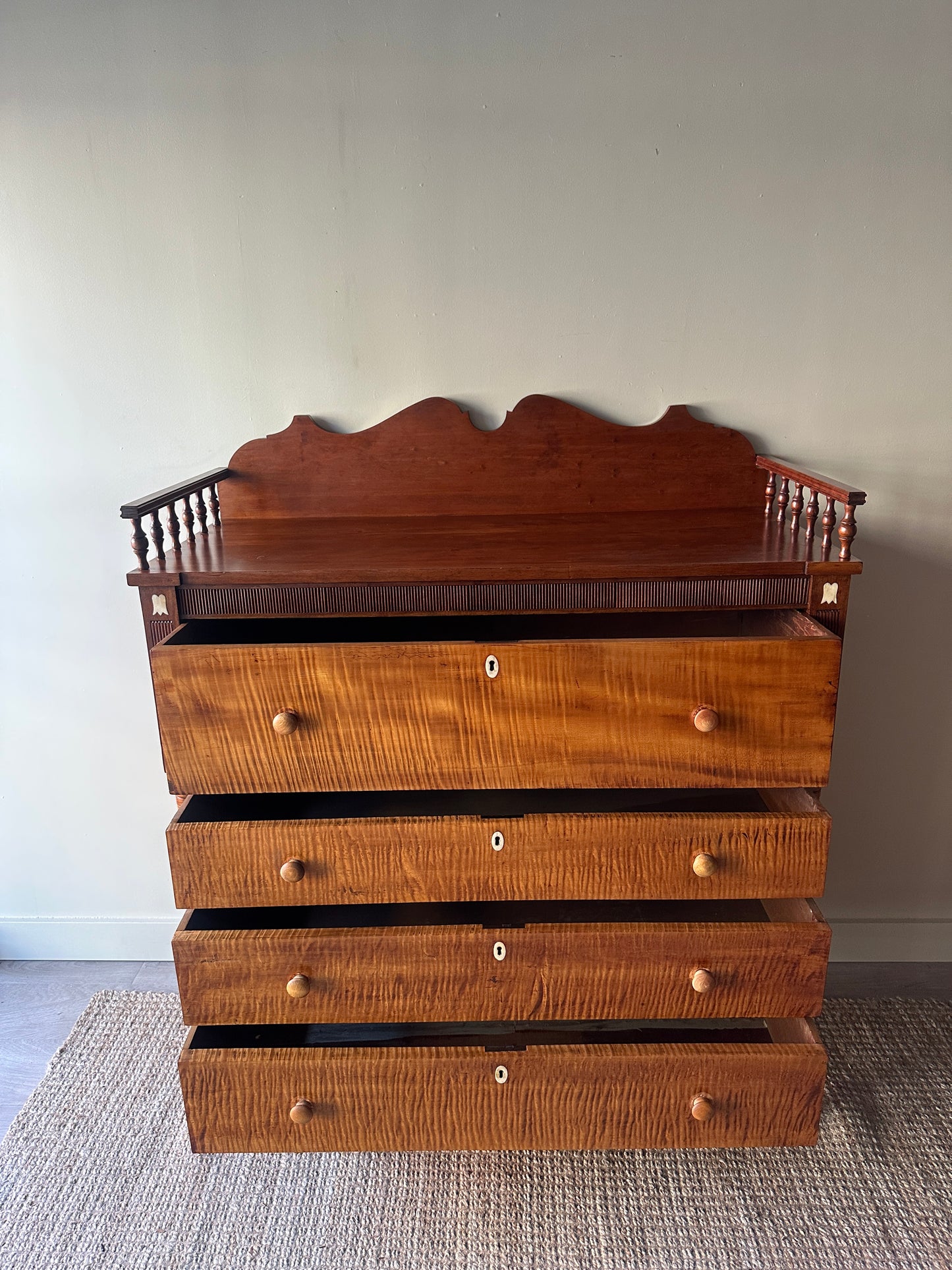 Empire bone inlaid maple and cherry dresser