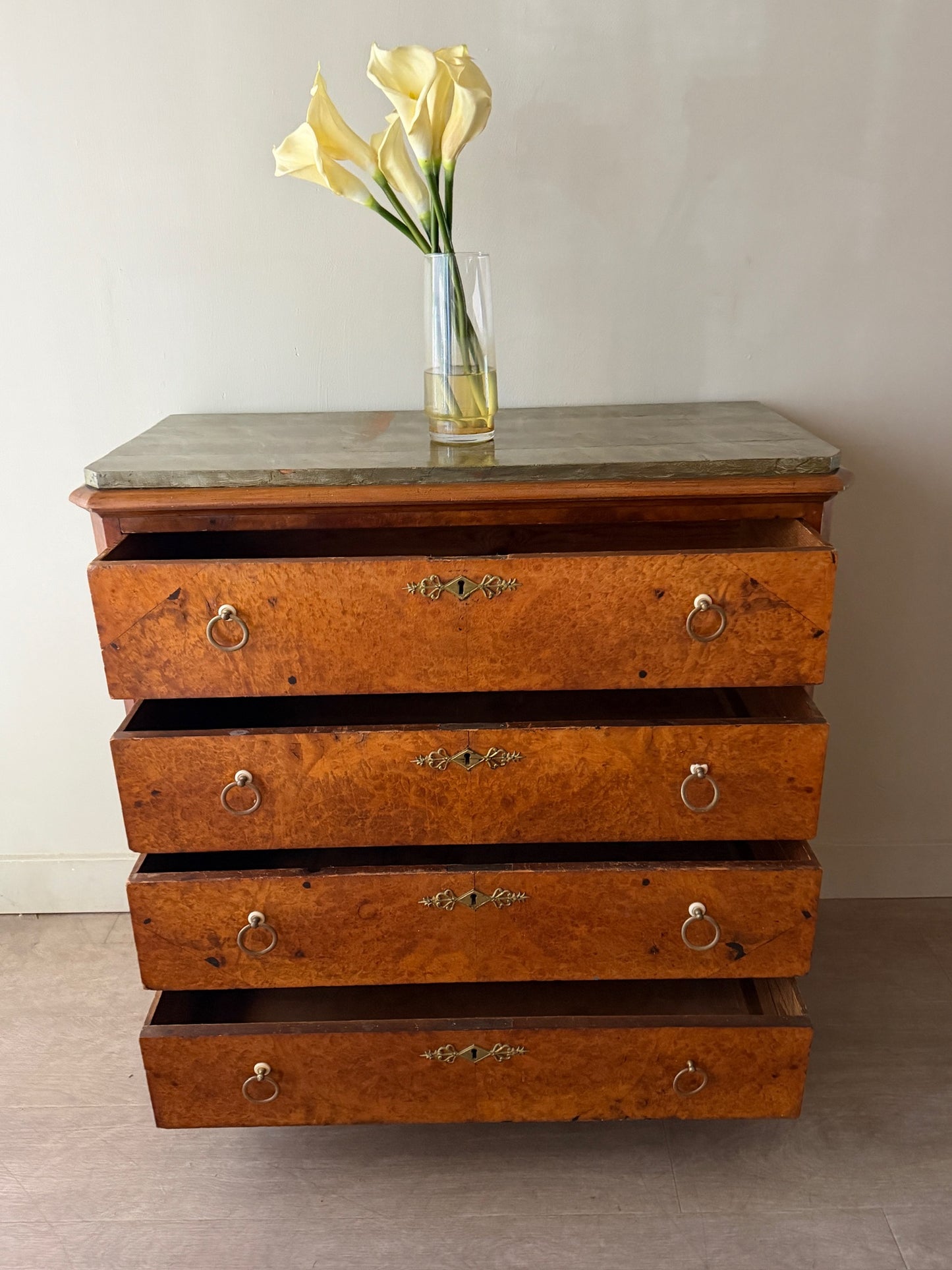 Swedish burl walnut painted marble dresser