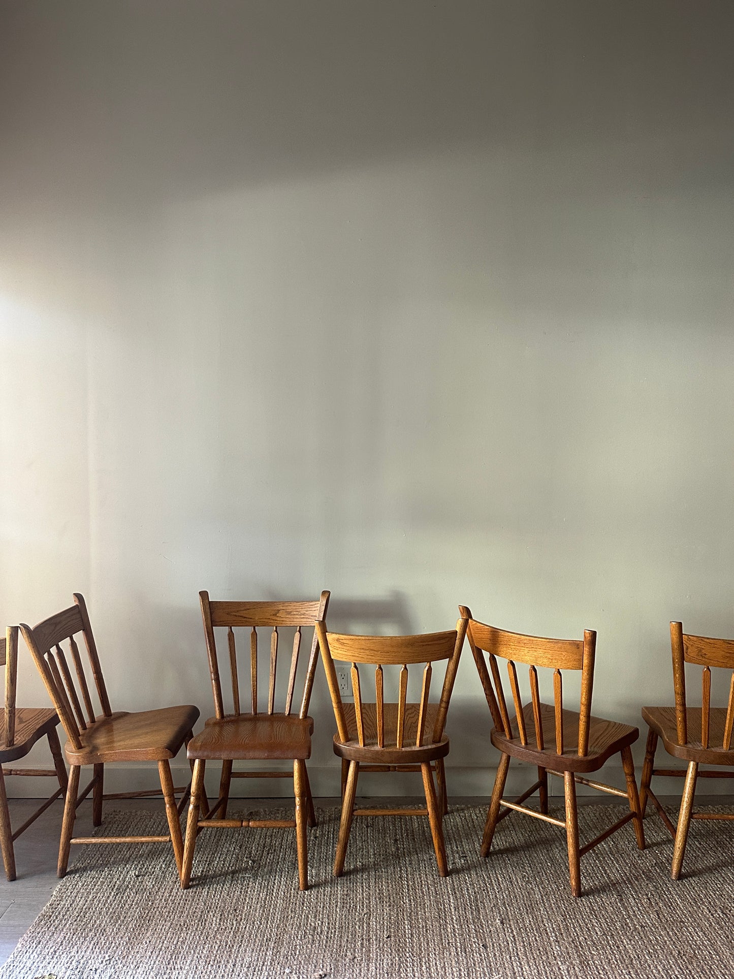 6 oak dining chairs. Sold in pairs.