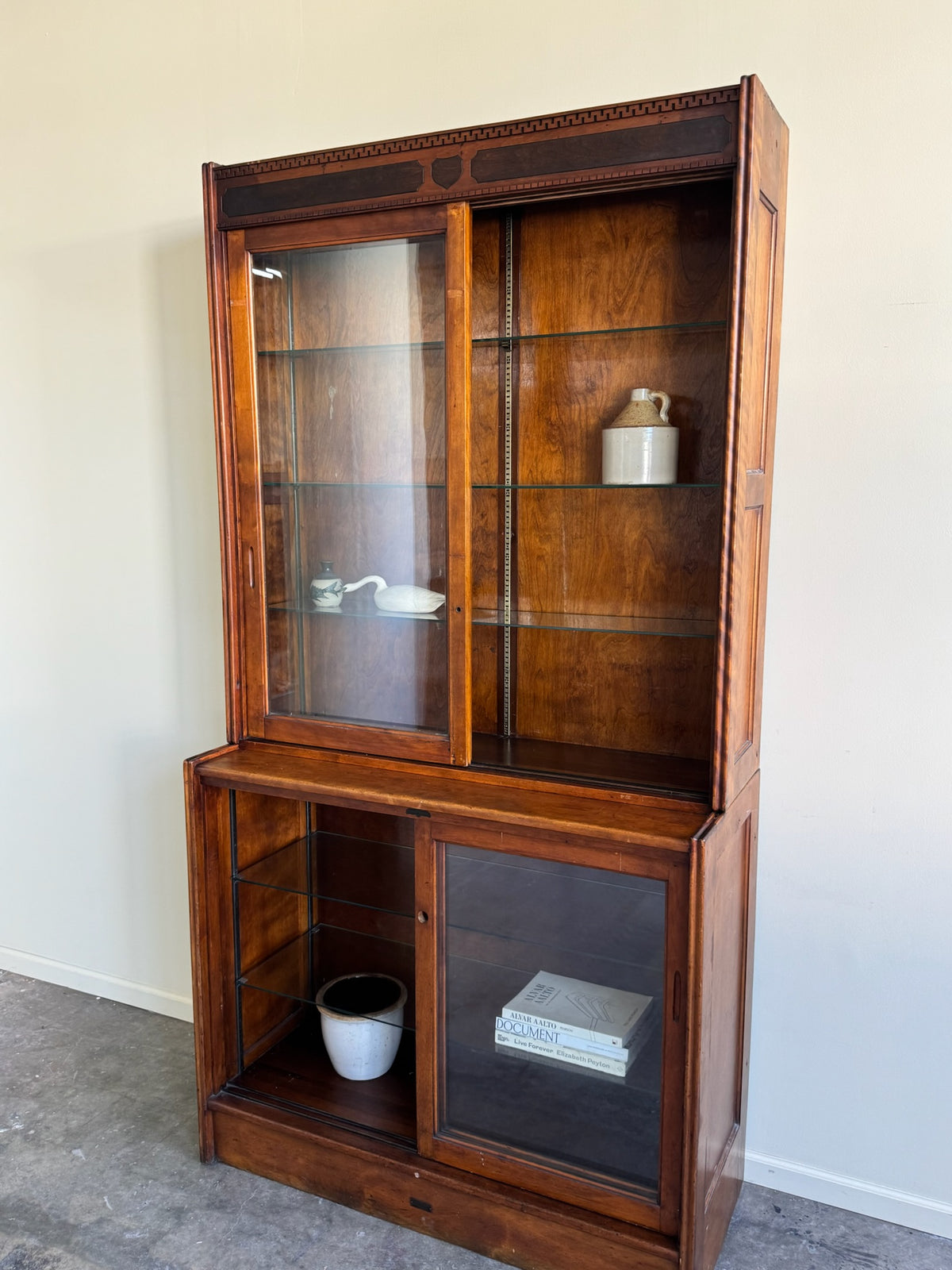 Walnut glass mercantile two piece display case
