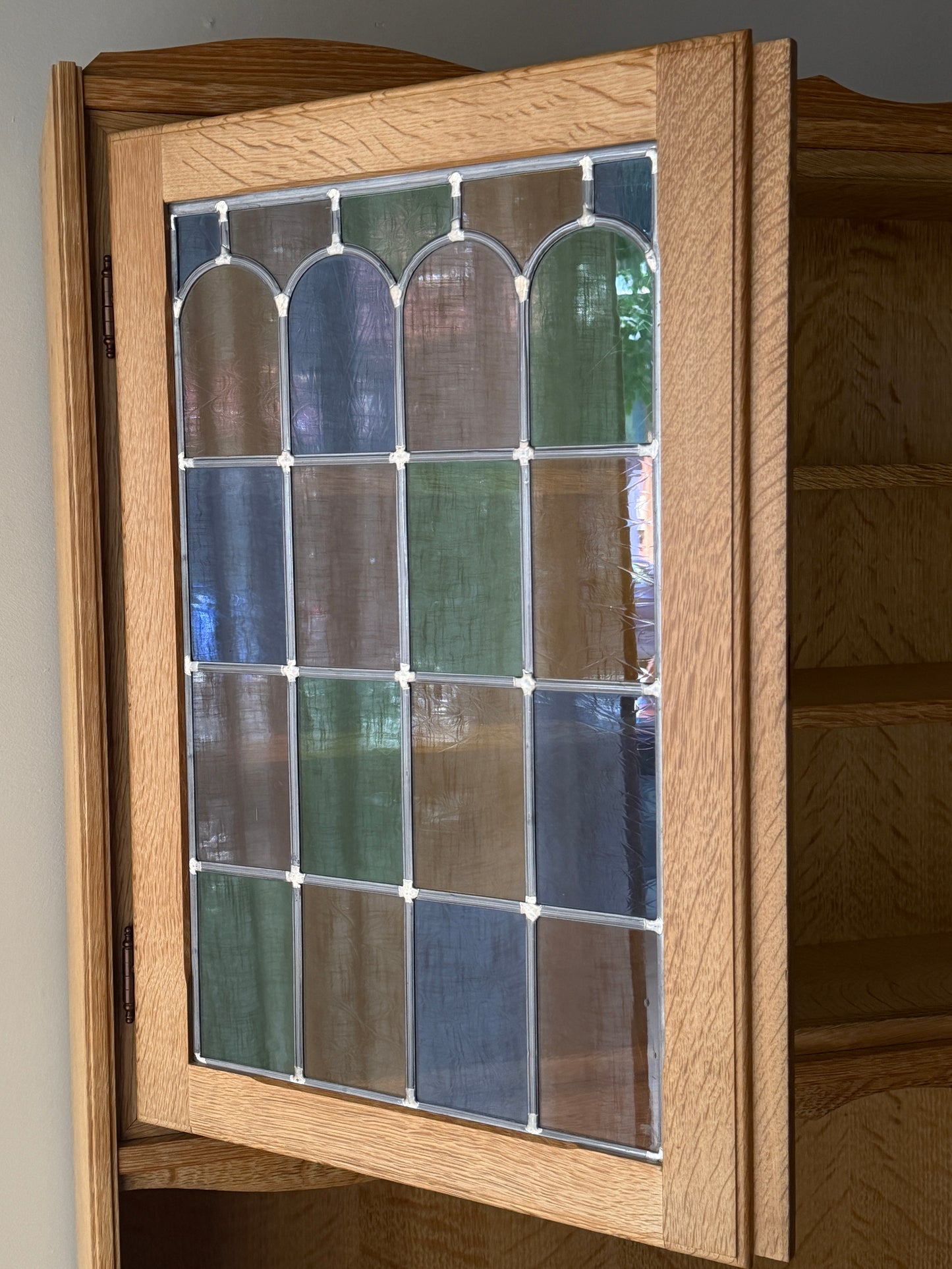 Danish oak & stained glass two piece hutch