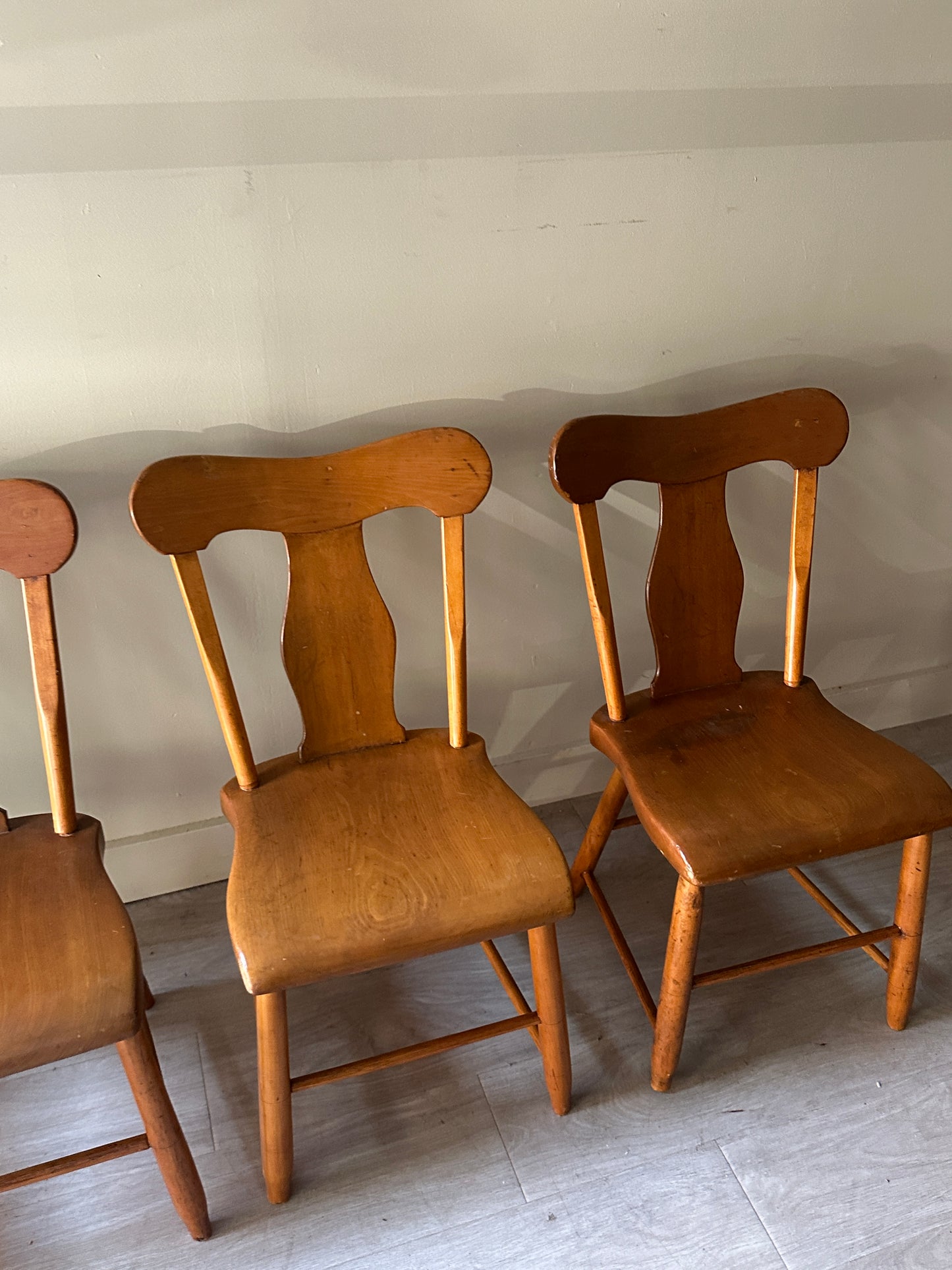 Pine dining chairs. Sold in pairs.