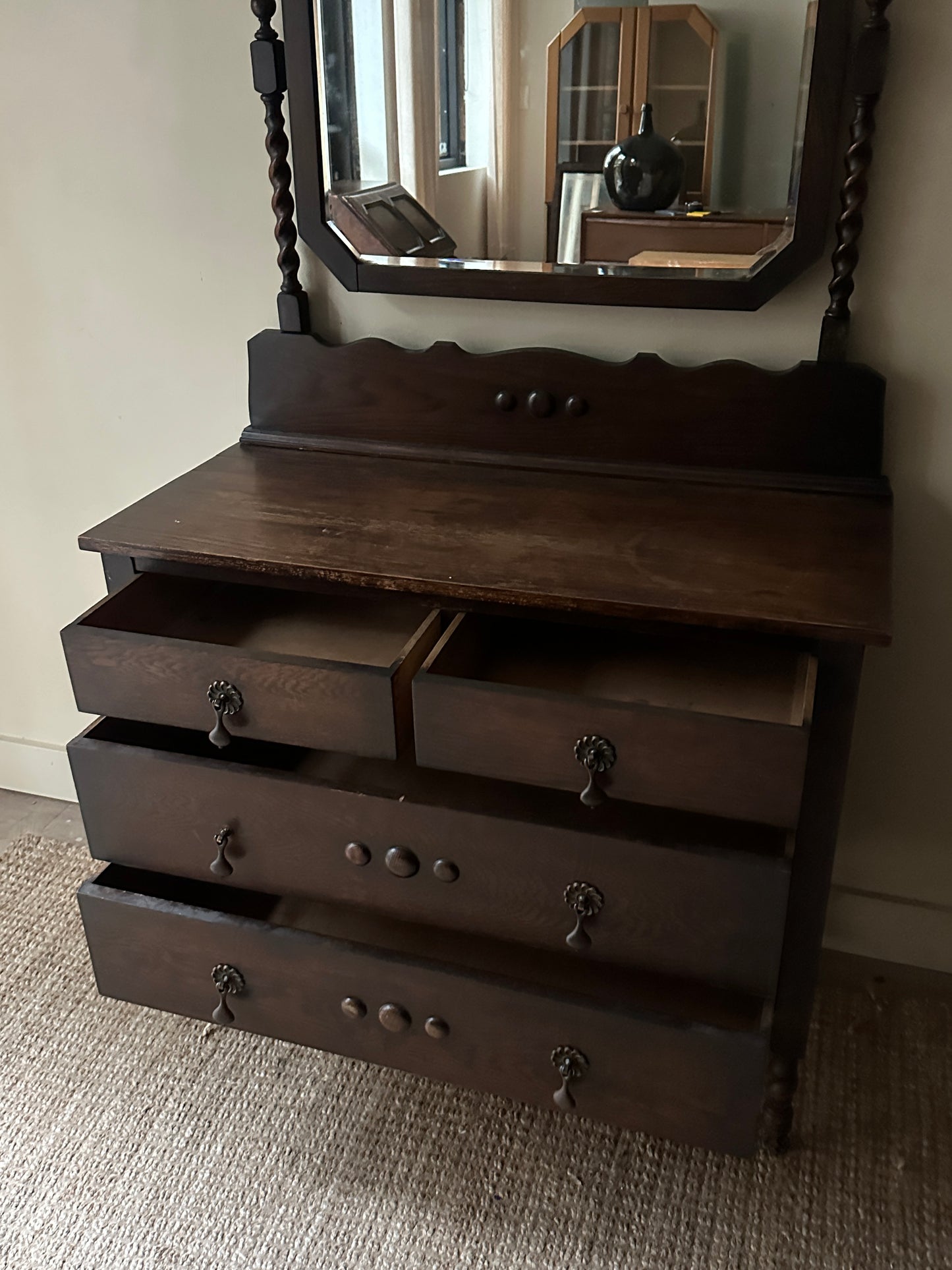 Dark oak dresser with barley twist mirror