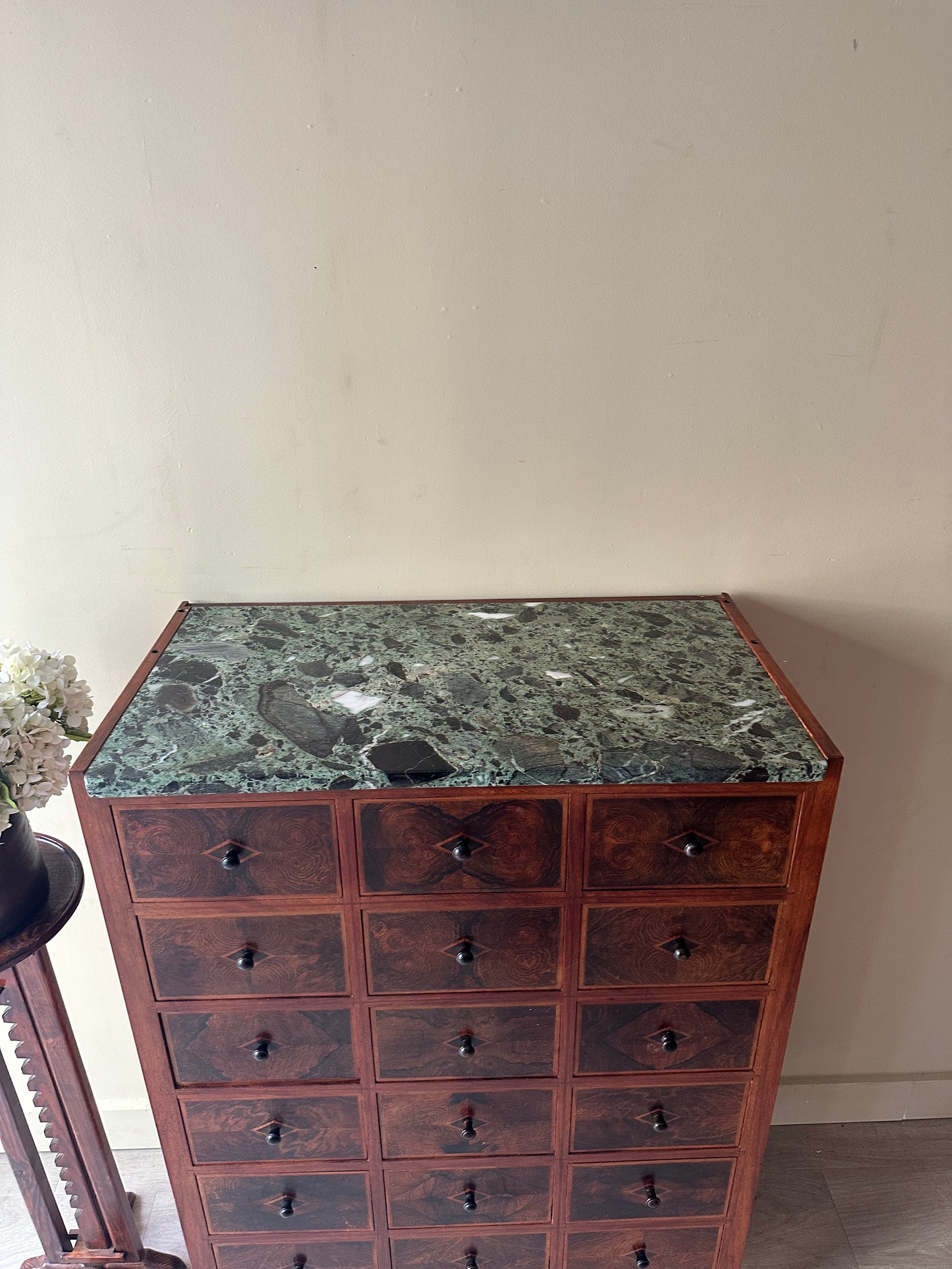 Vereinigte Werkstatten walnut and marble apothecary drawers
