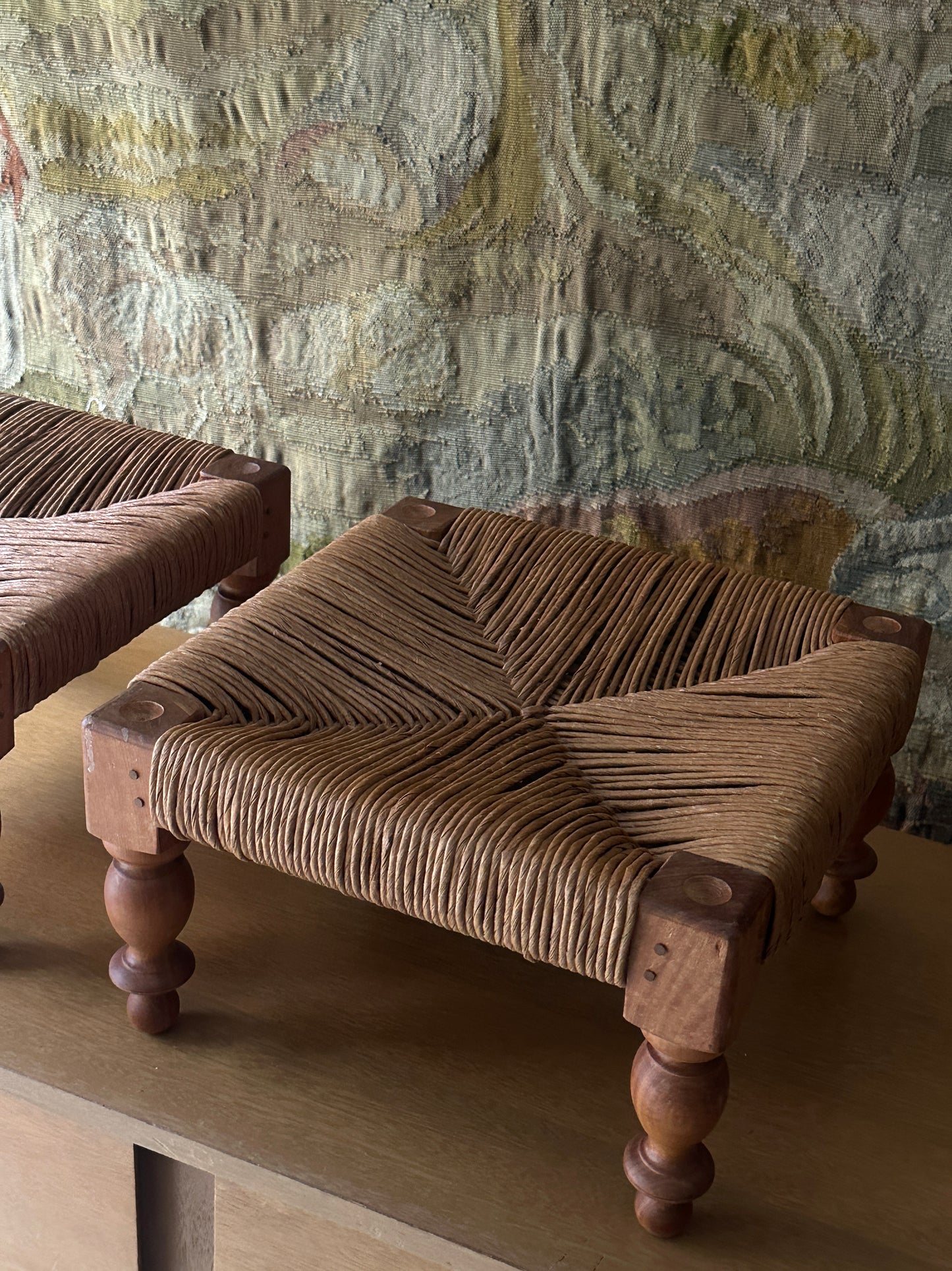 Rush footstools. Sold individually.