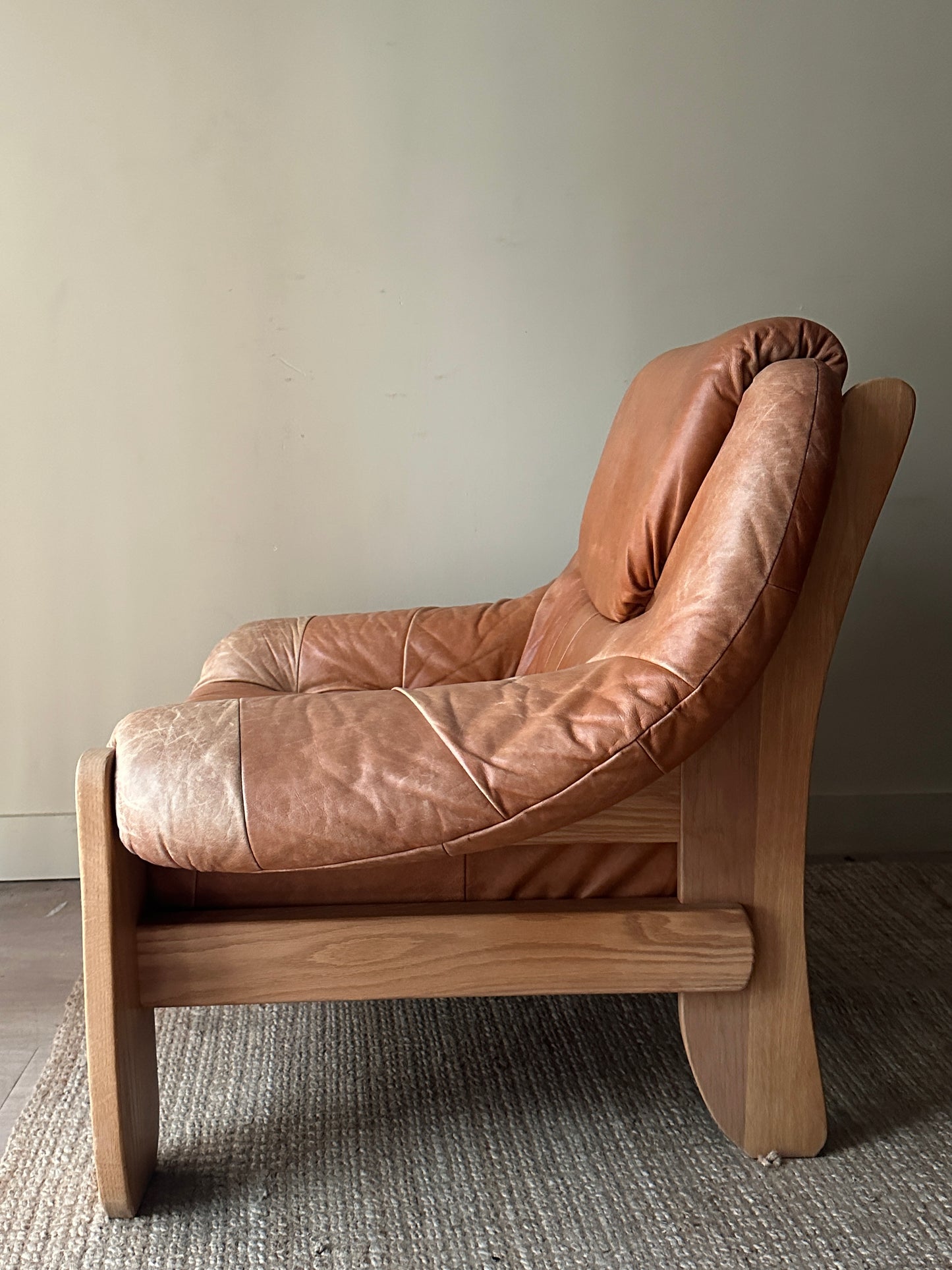 French leather and pine lounge chair