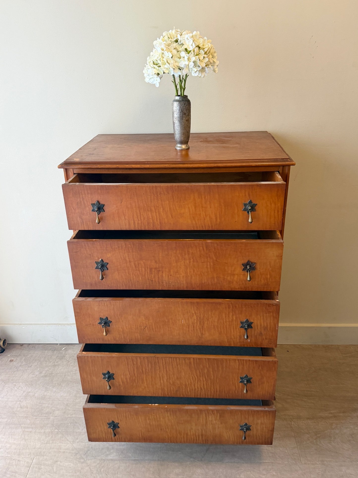 Tiger maple tallboy dresser