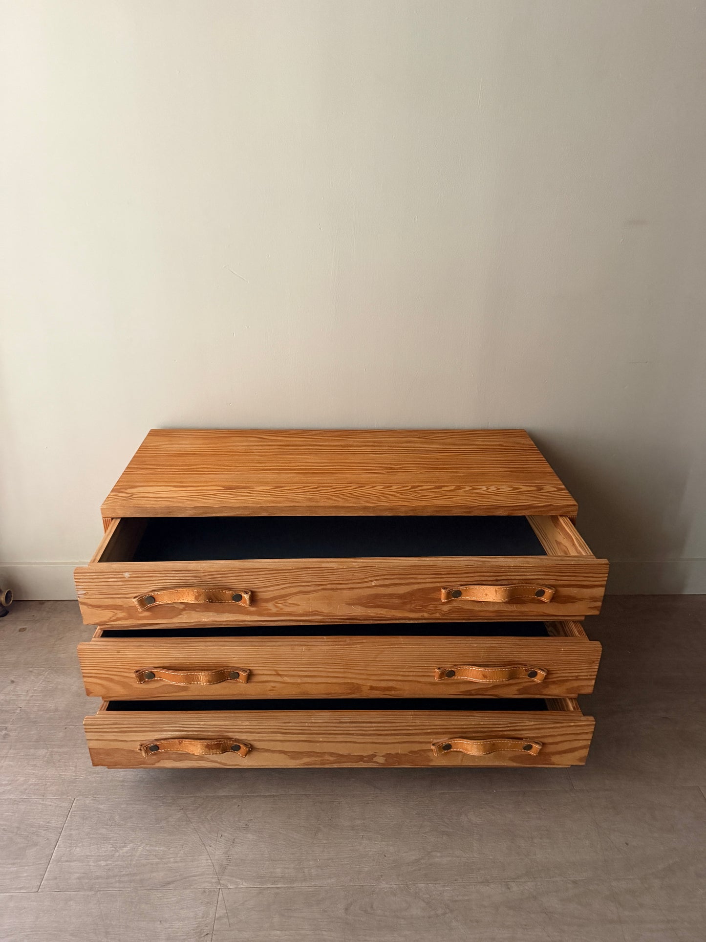 Small Swedish pine chest of drawers with leather pulls