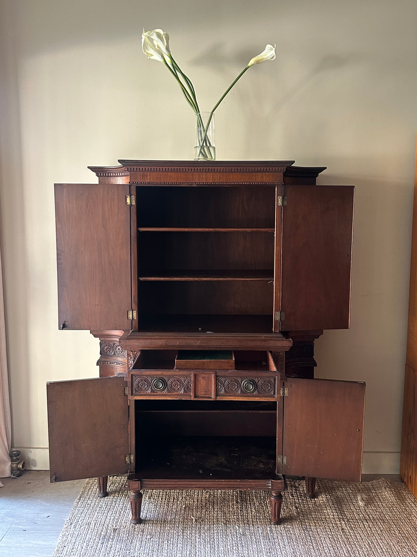 Carved Walnut Inlay Cabinet