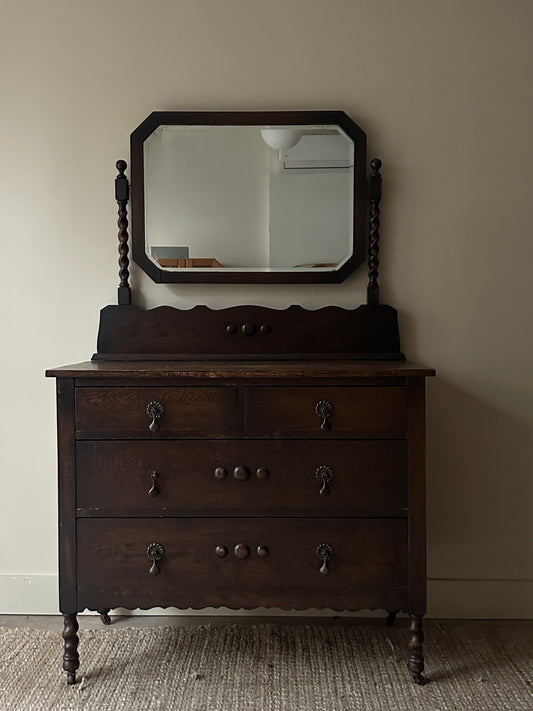 Dark oak dresser with barley twist mirror