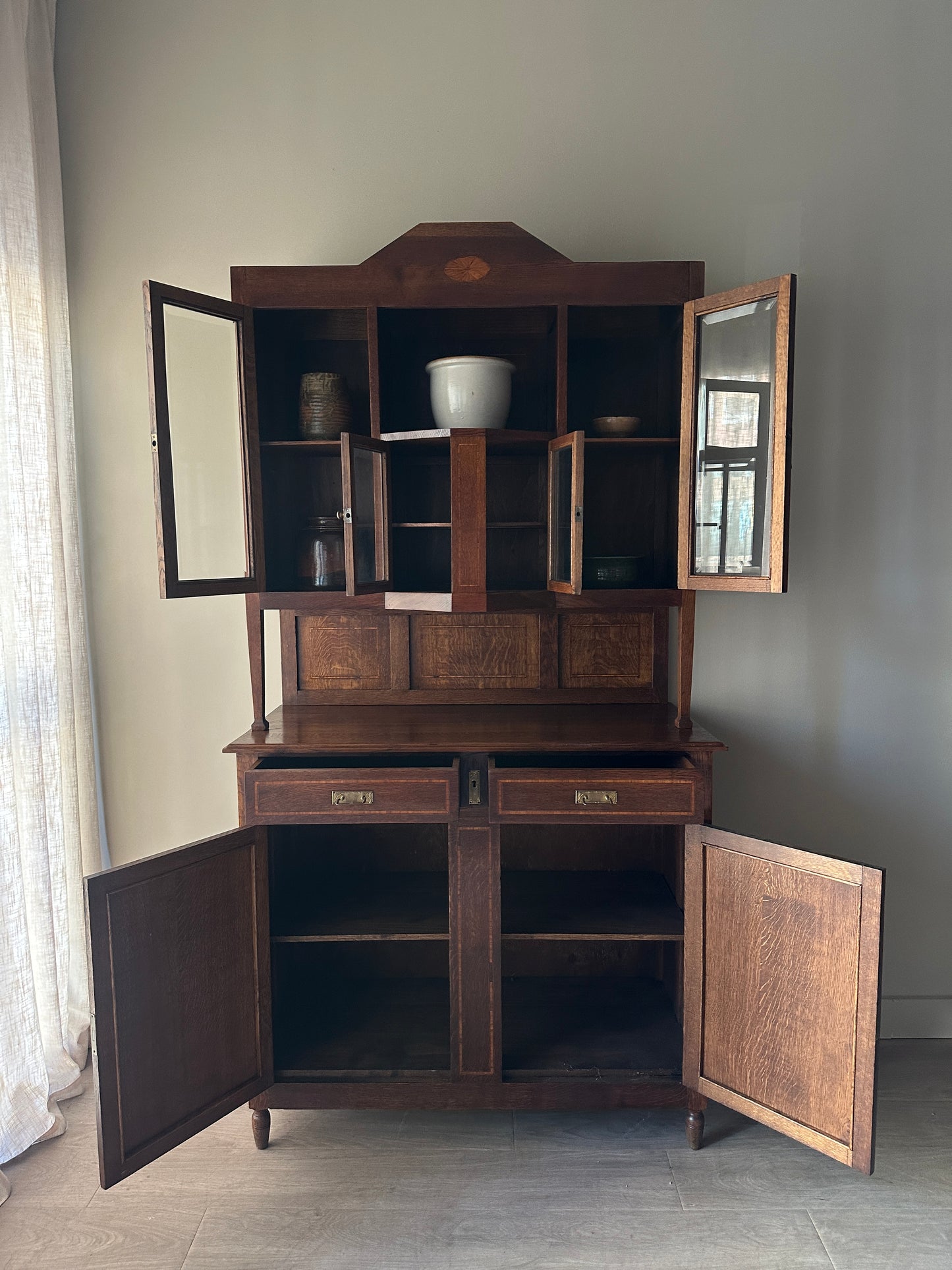 Deco inlaid two piece oak hutch