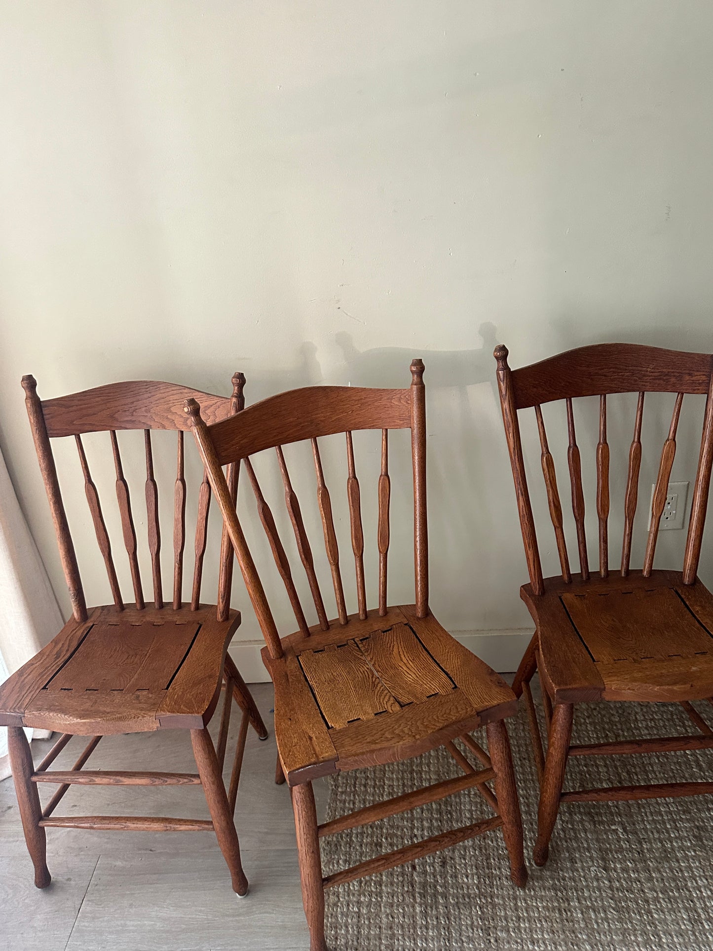 6 Oak dining chairs. Sold in pairs.