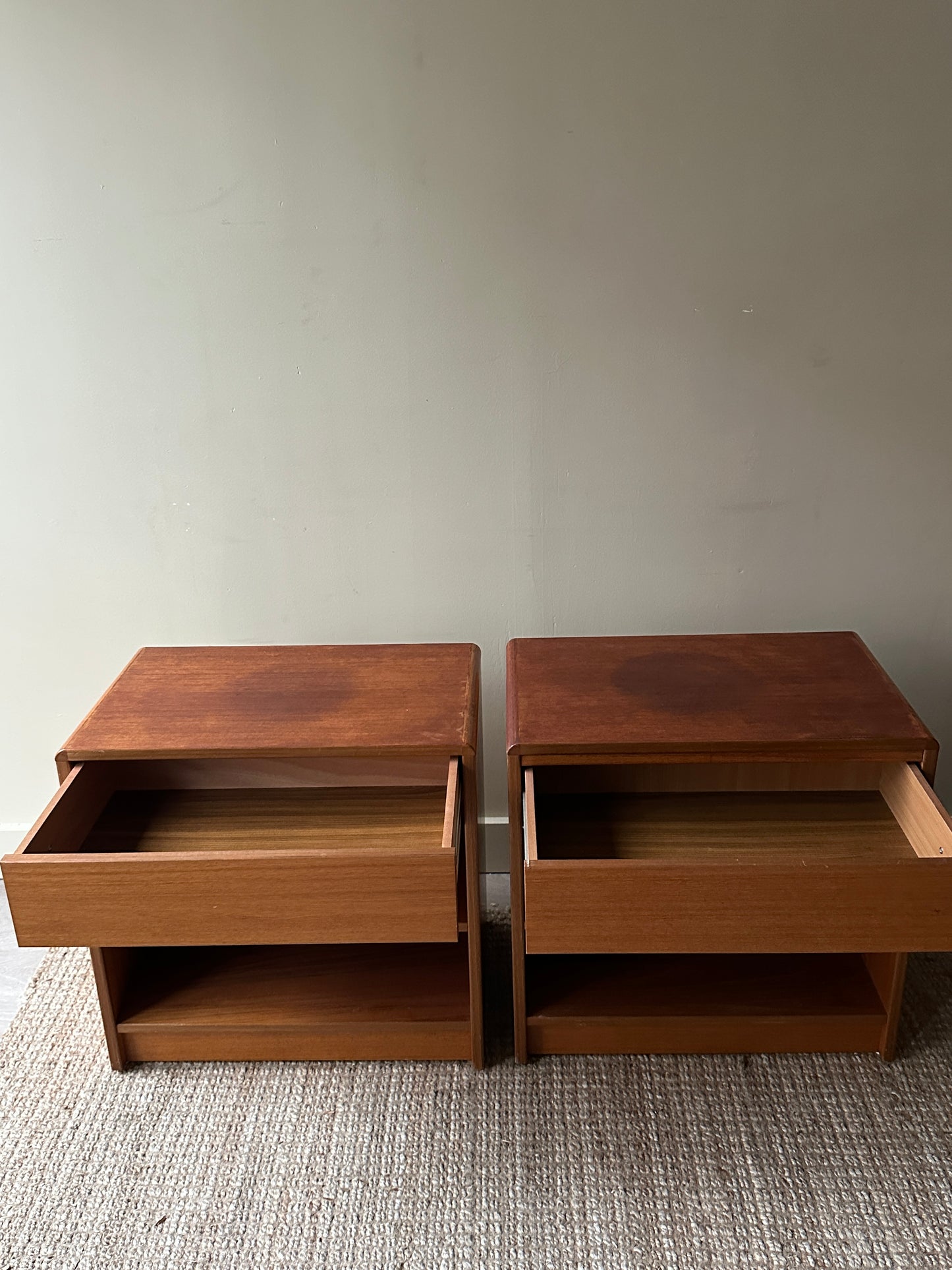 Teak bedside tables. Sold together.