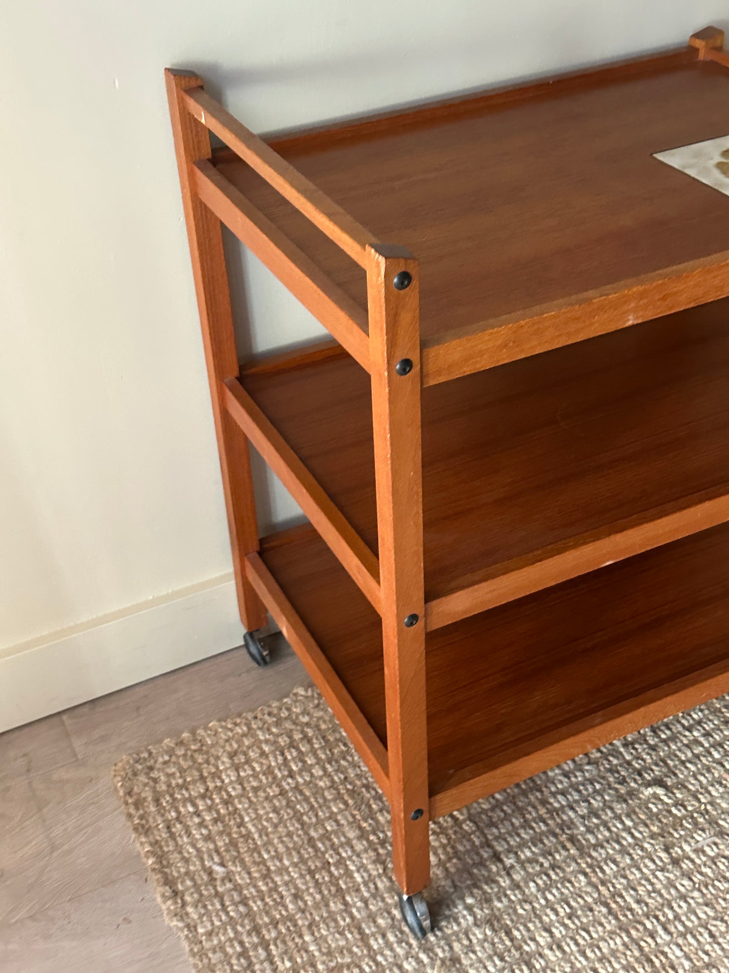 Teak bar cart with tile inlay
