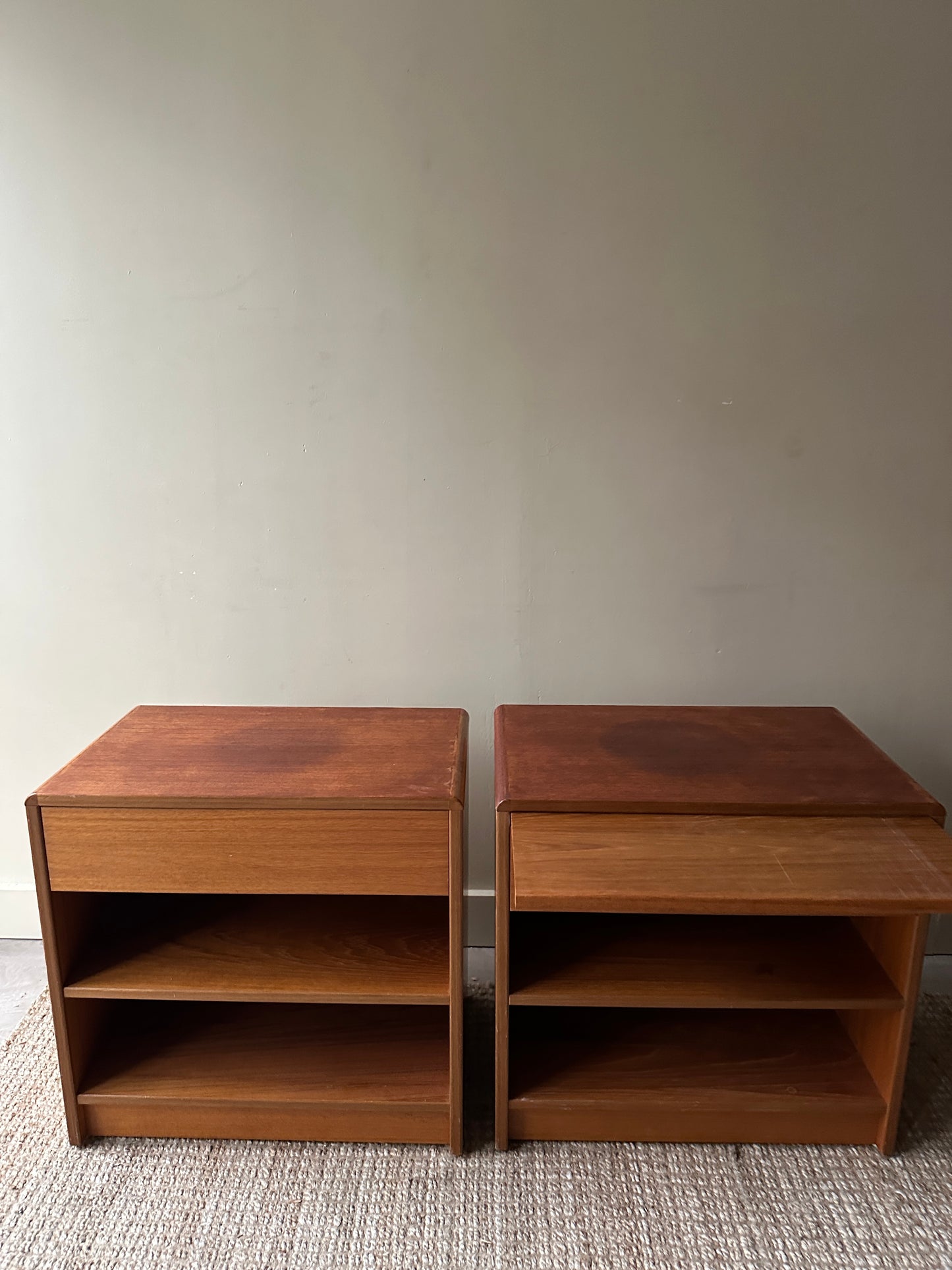 Teak bedside tables. Sold together.