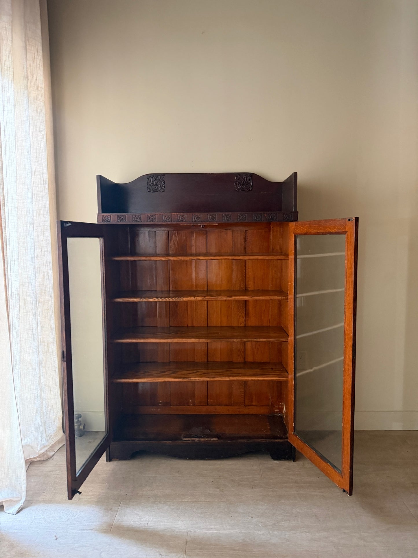 Victorian golden oak display cabinet