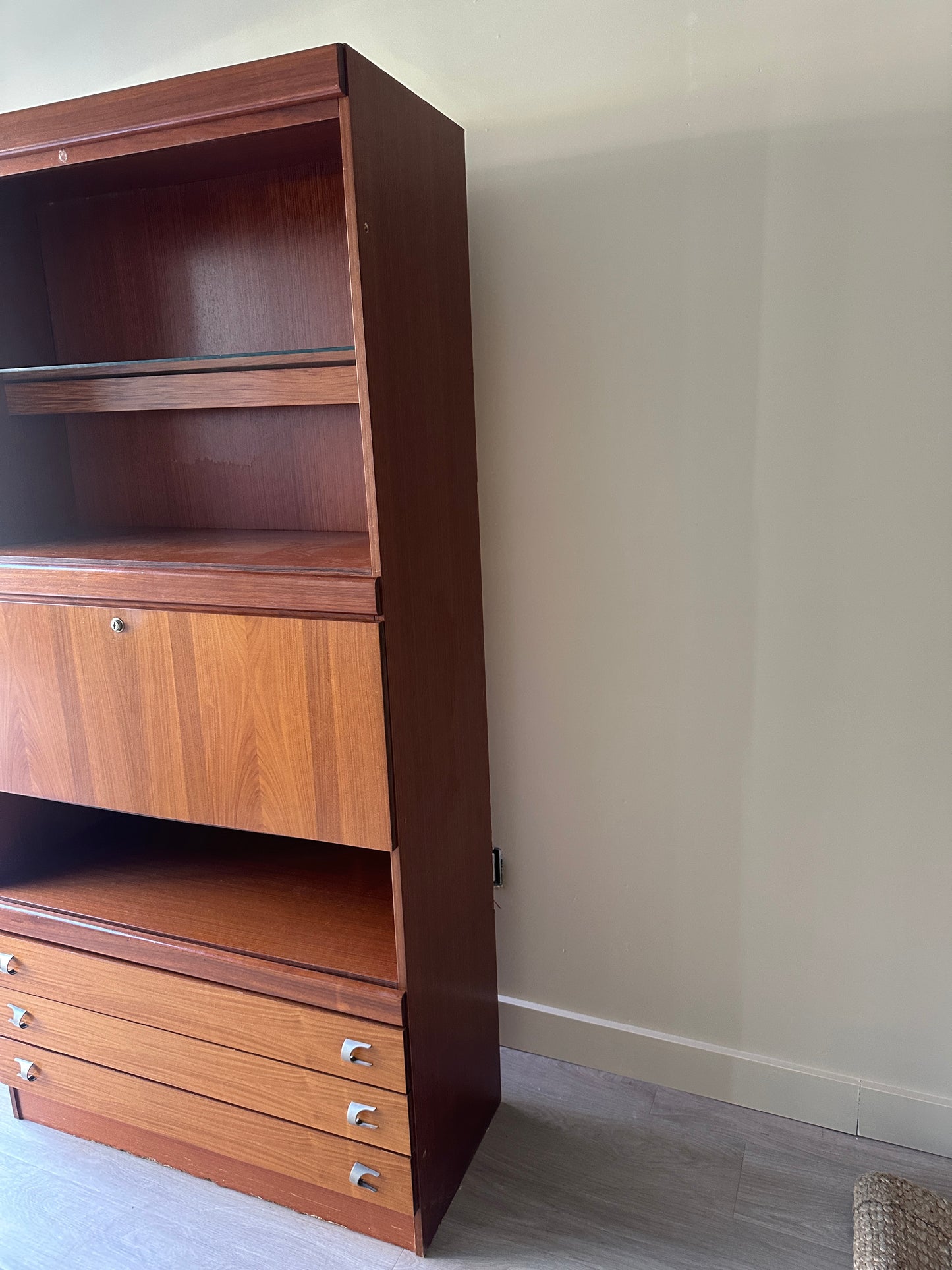 Walnut bookcase with drop down bar