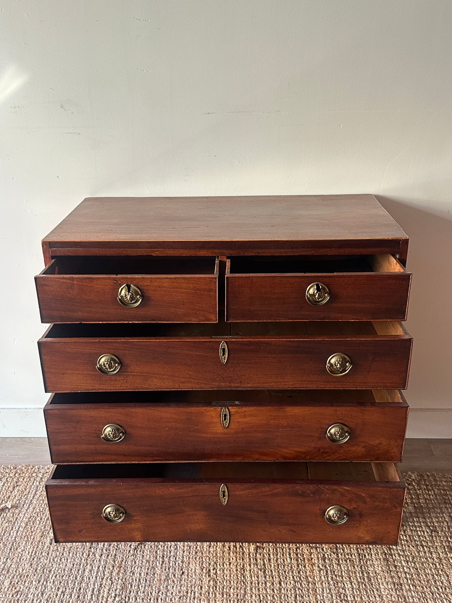 Mahogany bachelors dresser with lion head hardware