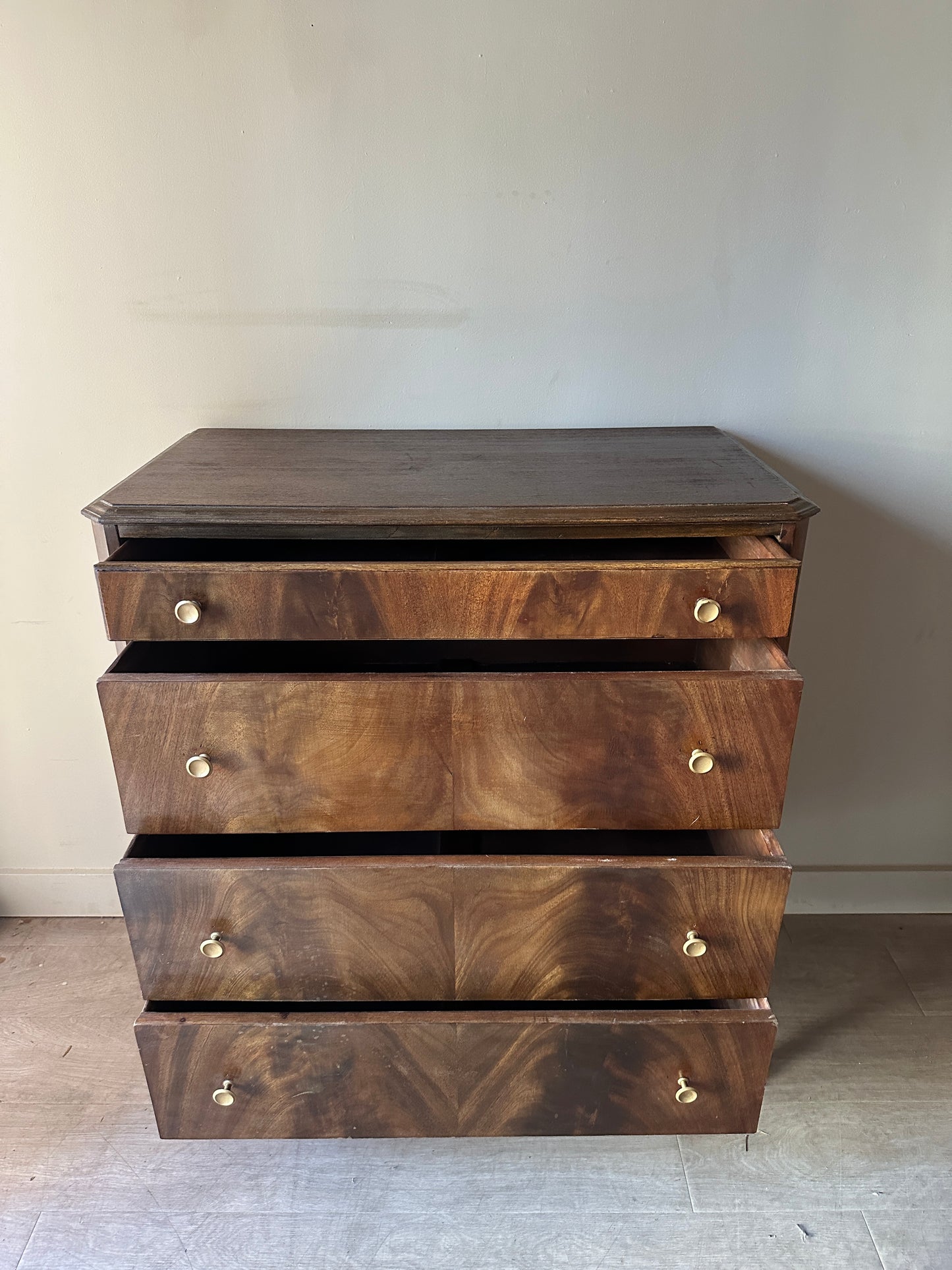 Dark walnut burl front dresser brass knobs