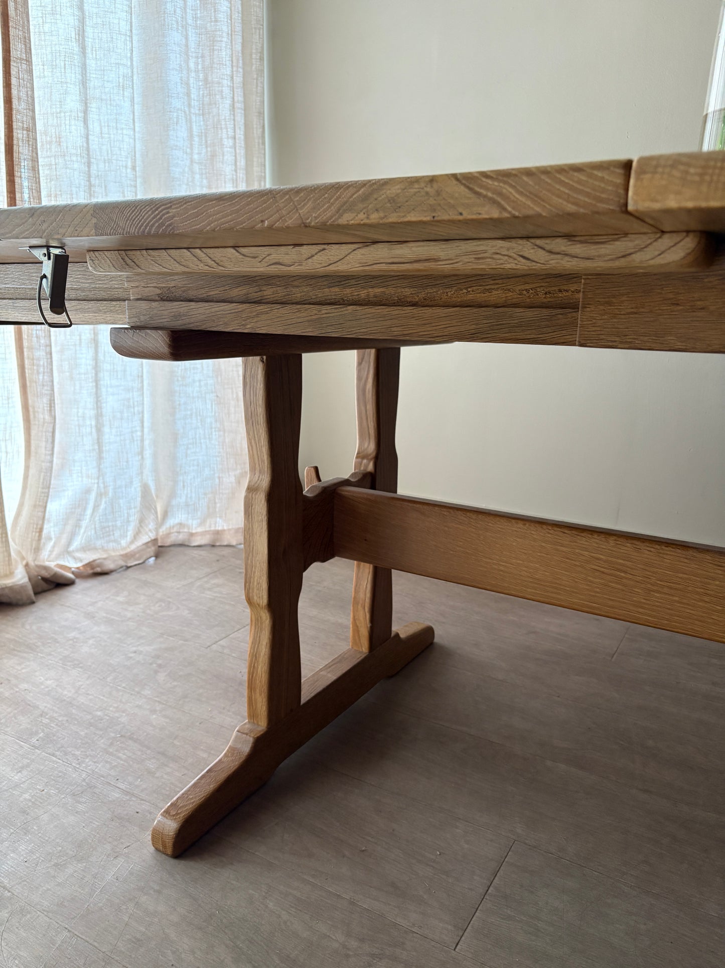 Danish oak trestle dining table with extensions