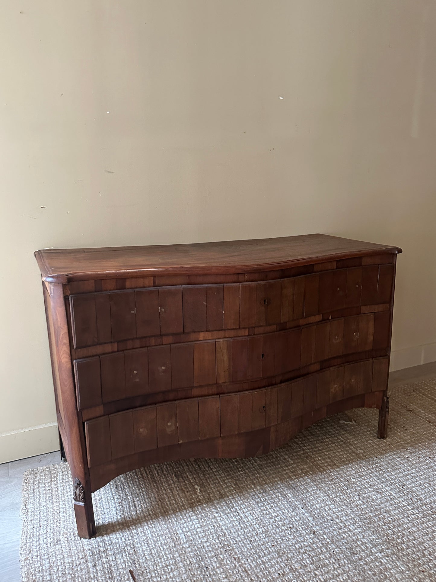 Wavy walnut dresser. Needs handles.