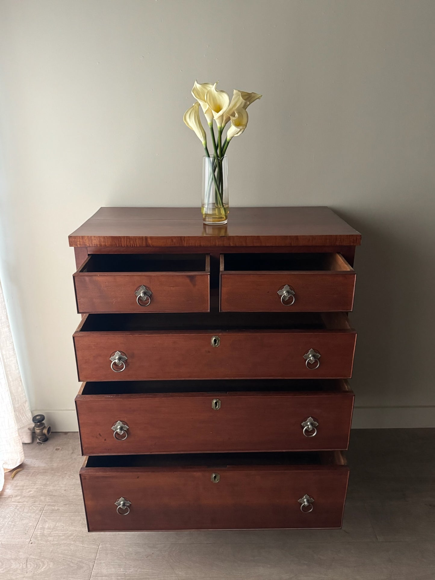 Sheraton cherry & tiger maple tallboy dresser
