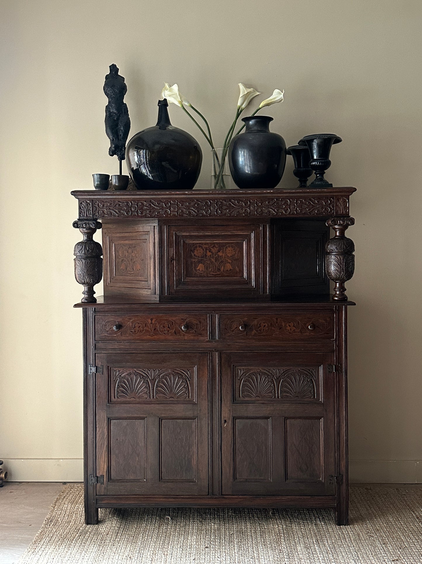 Tudor revival oak inlay cabinet