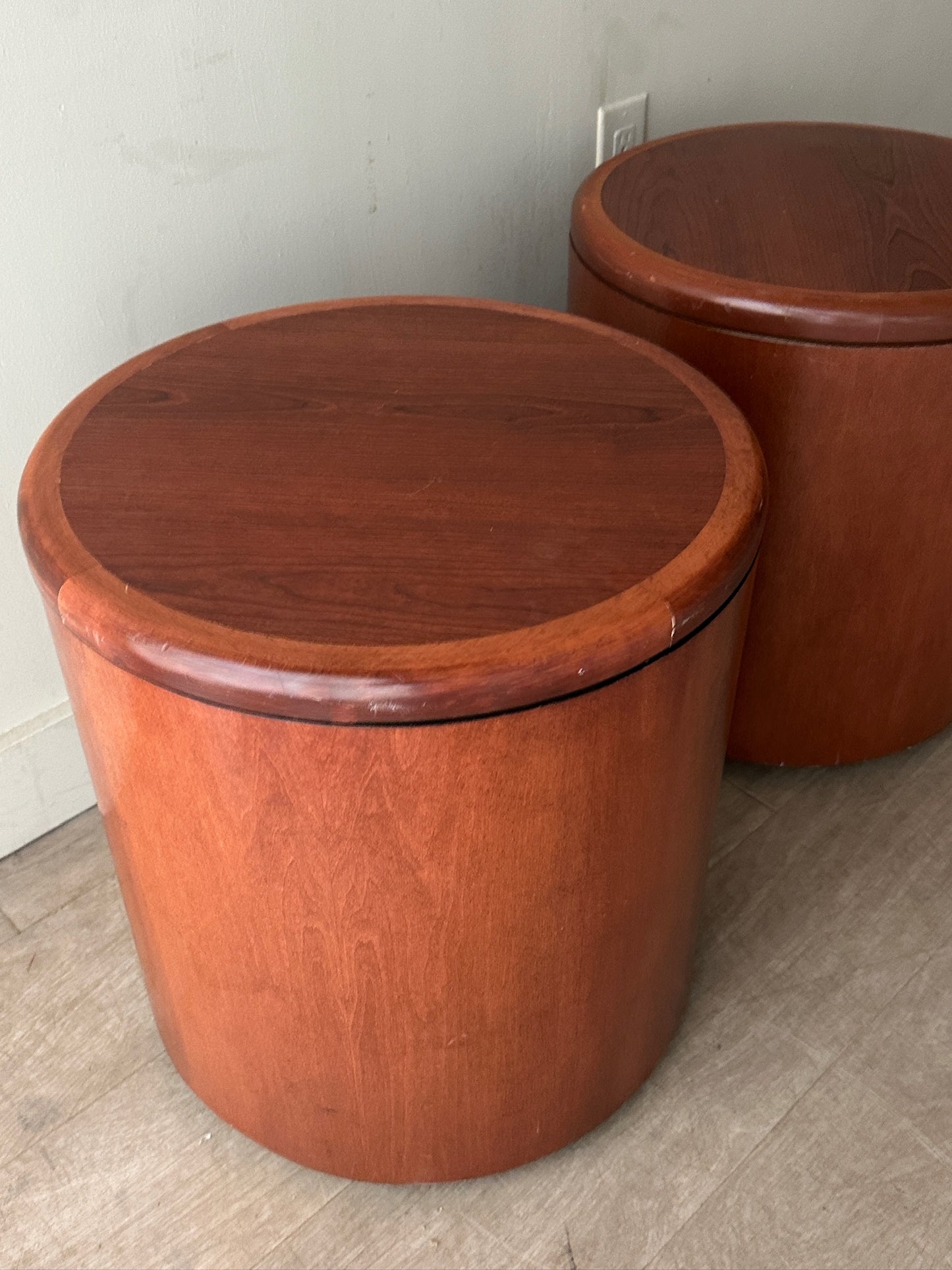 Walnut drum tables. Sold individually.