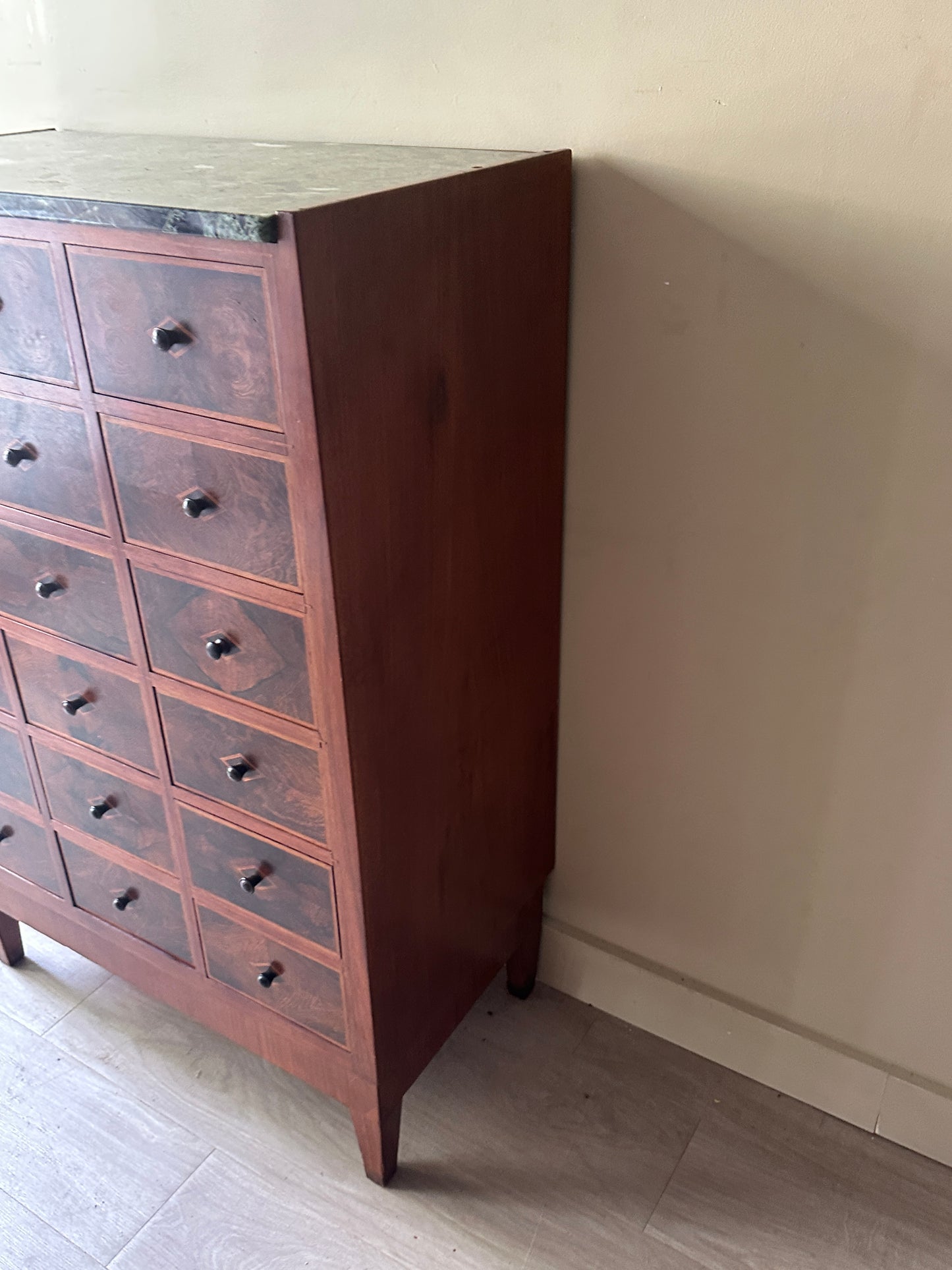 Vereinigte Werkstatten walnut and marble apothecary drawers