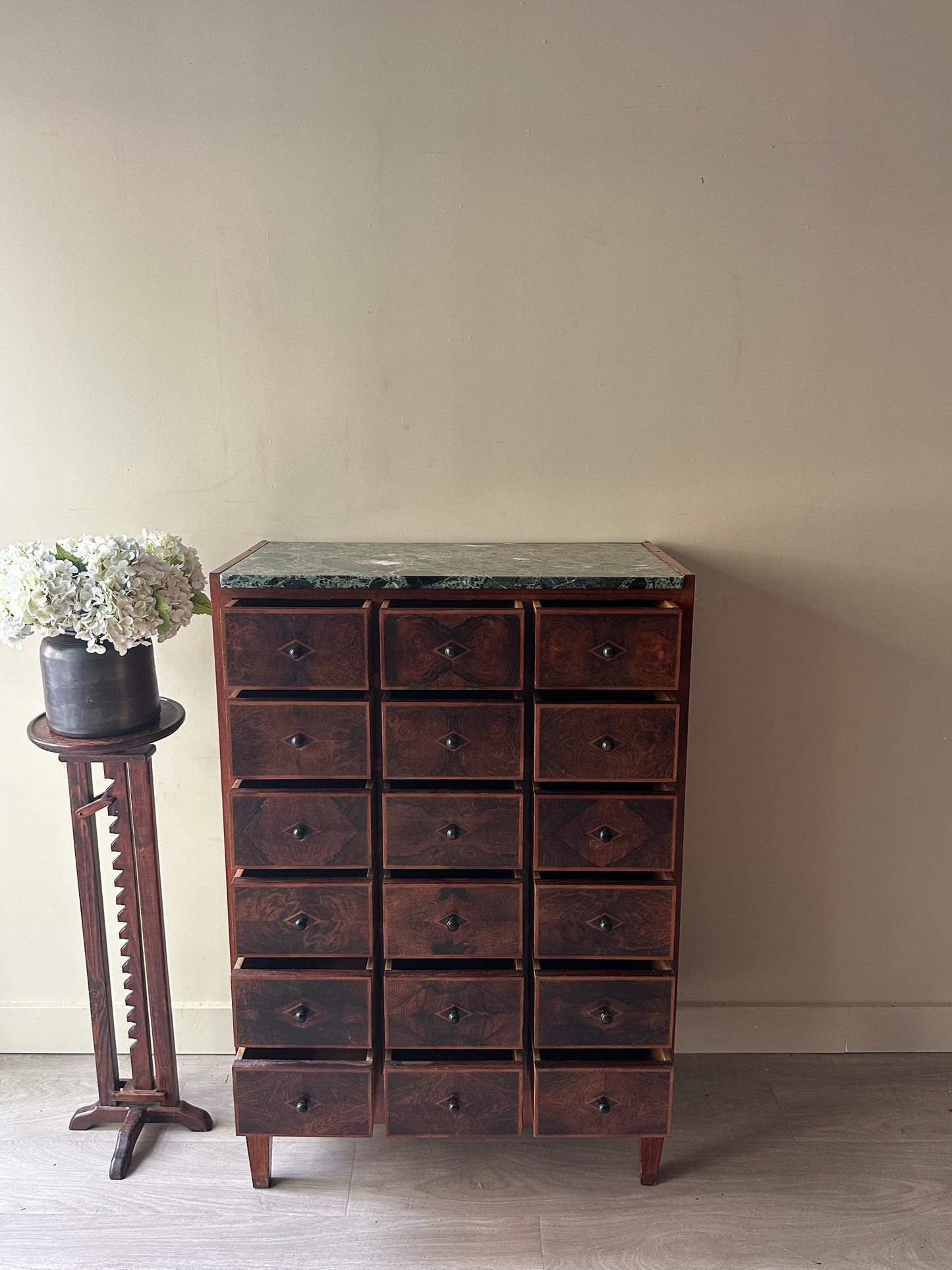 Vereinigte Werkstatten walnut and marble apothecary drawers