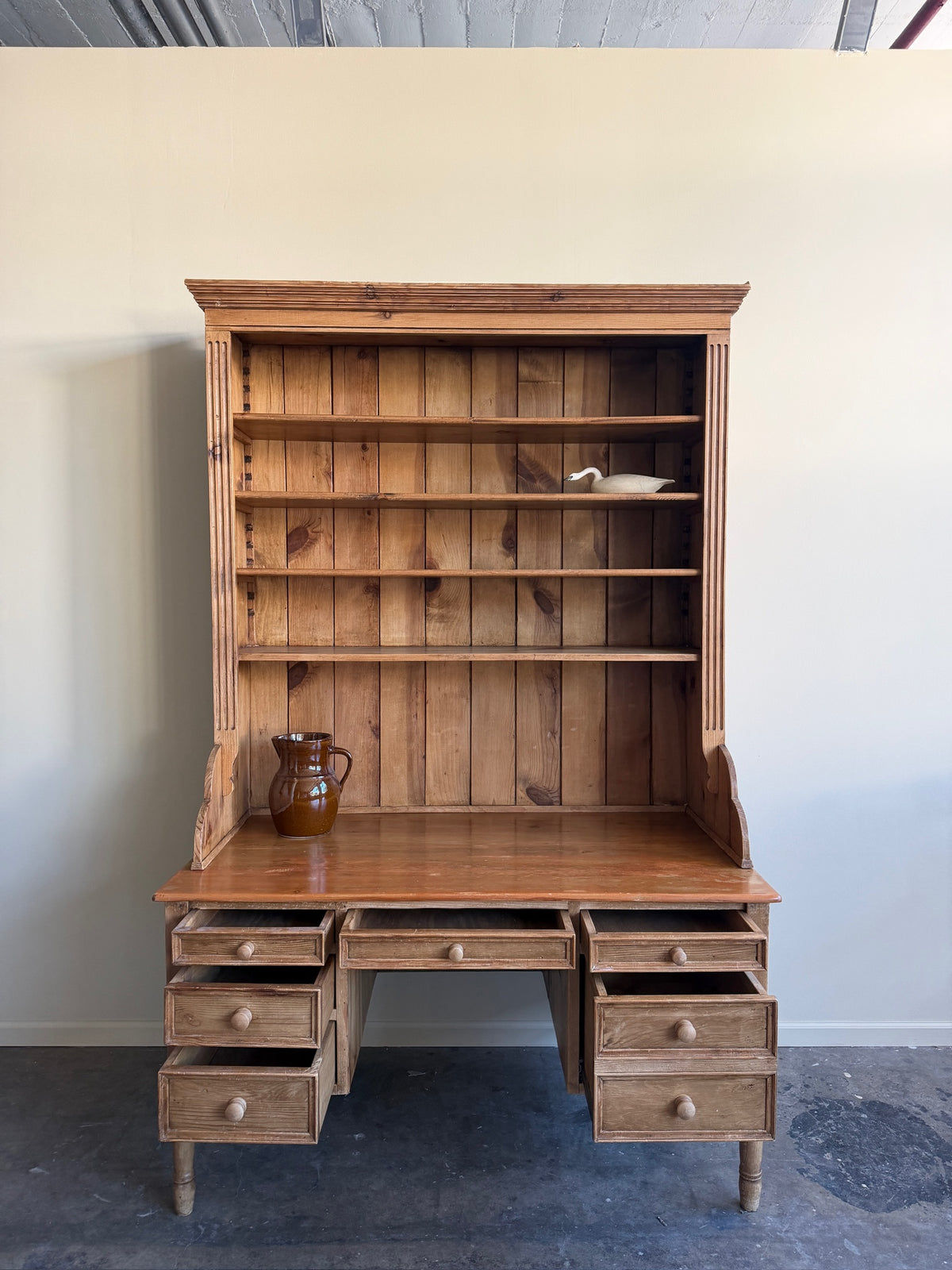 Scandinavian Pine Two Piece Desk with bookcase