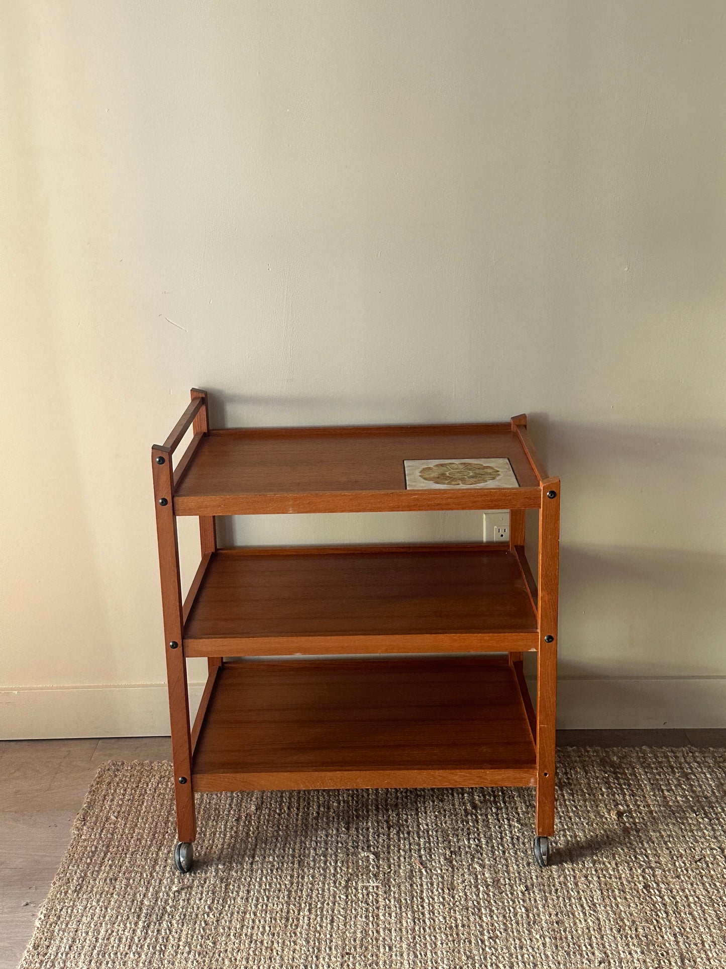 Teak bar cart with tile inlay
