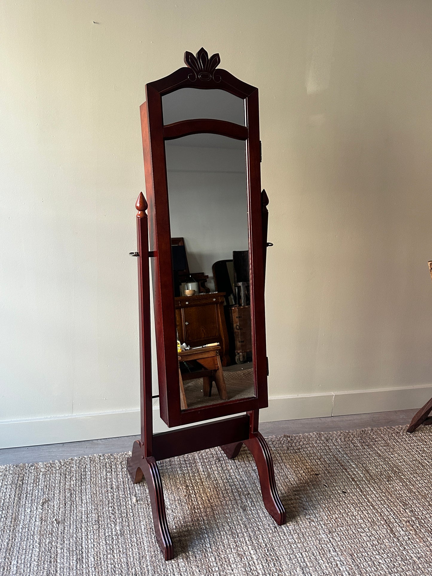 Mahogany Cheval mirror w jewelry cabinet
