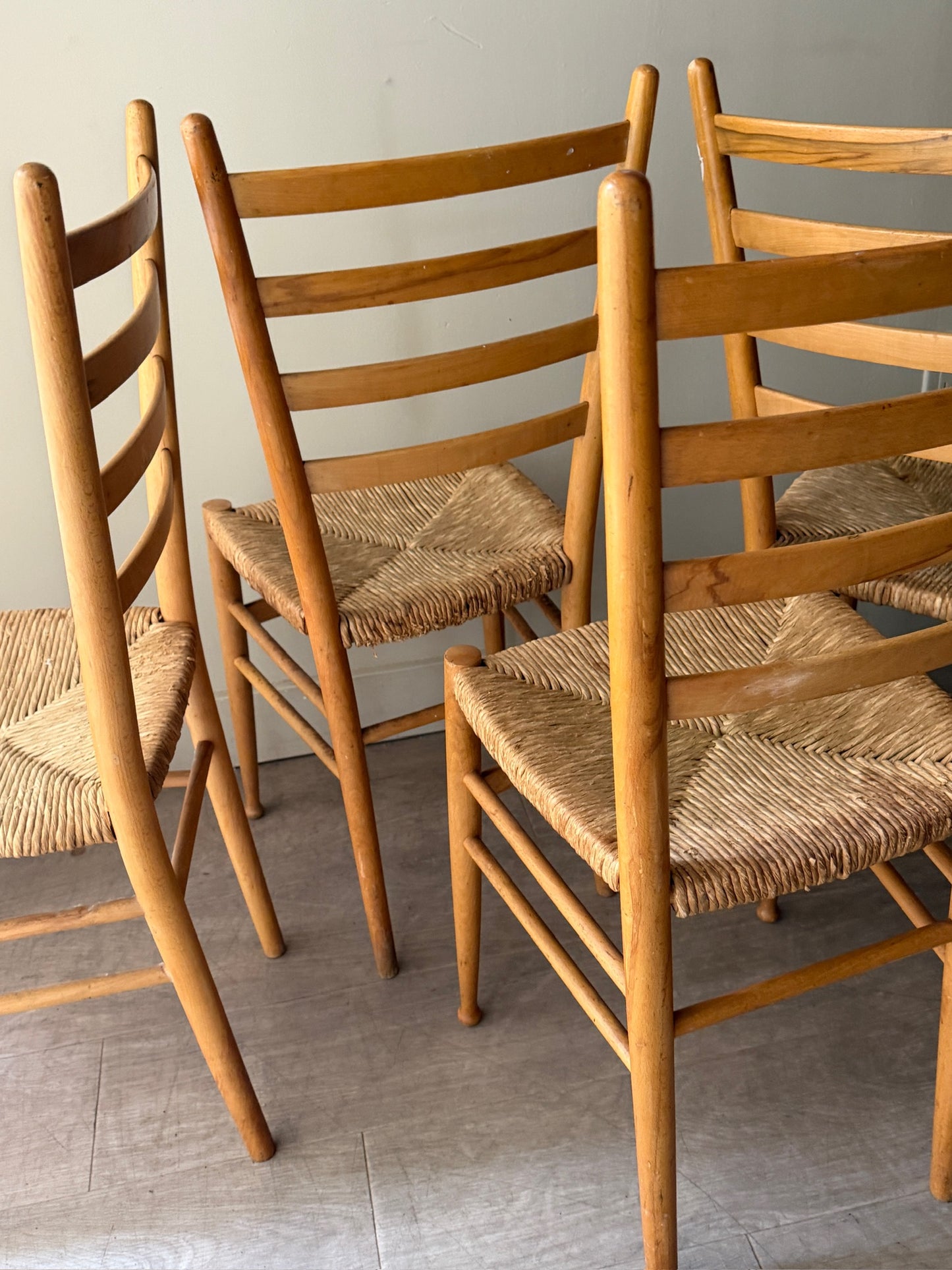 Maple rush seat dining chairs. Sold in pairs.