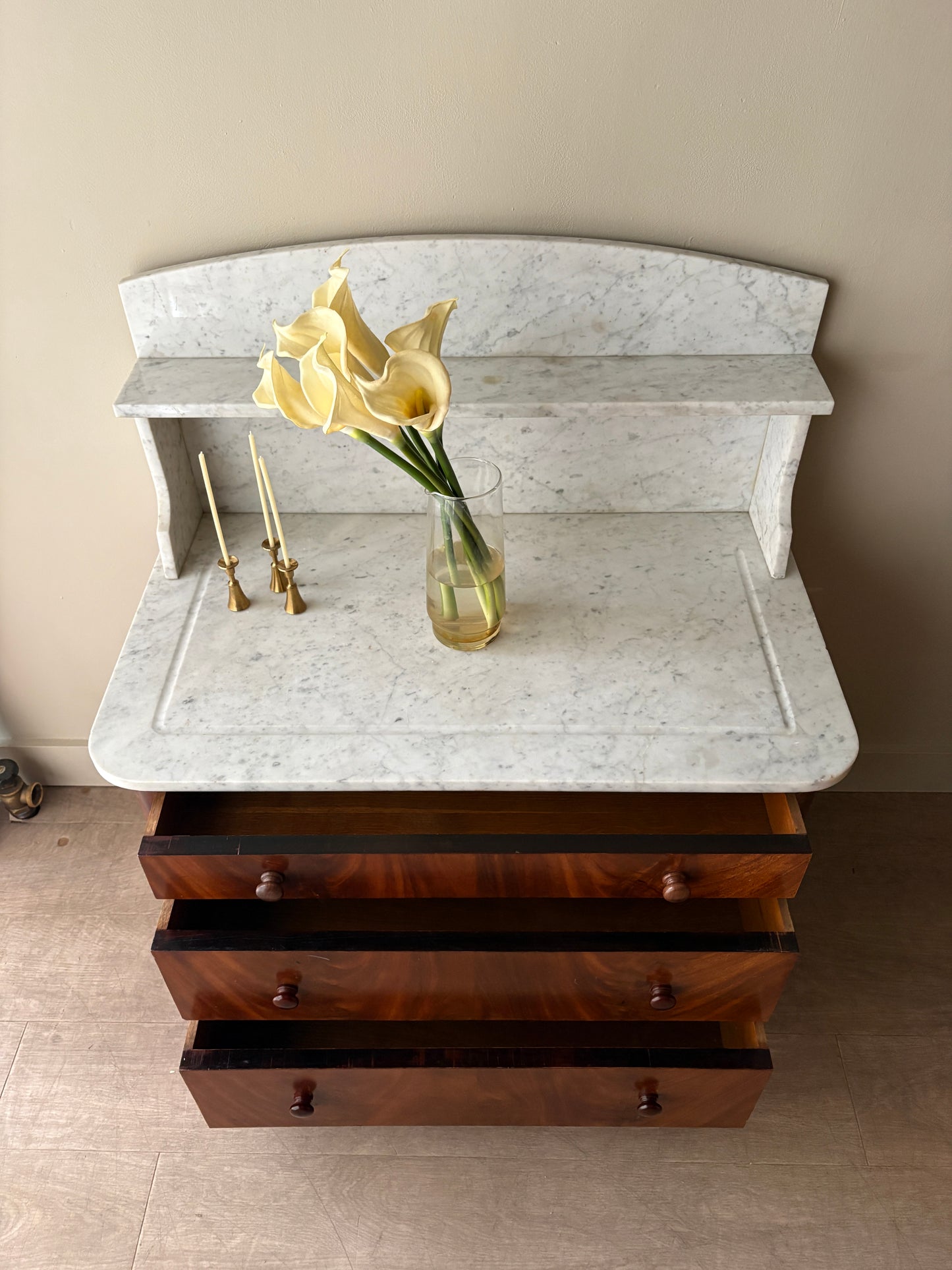 Marble top walnut 3 drawer dresser