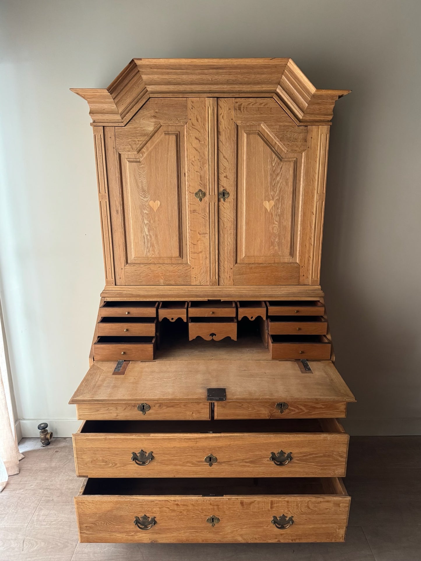 Danish inlaid oak secretary hutch