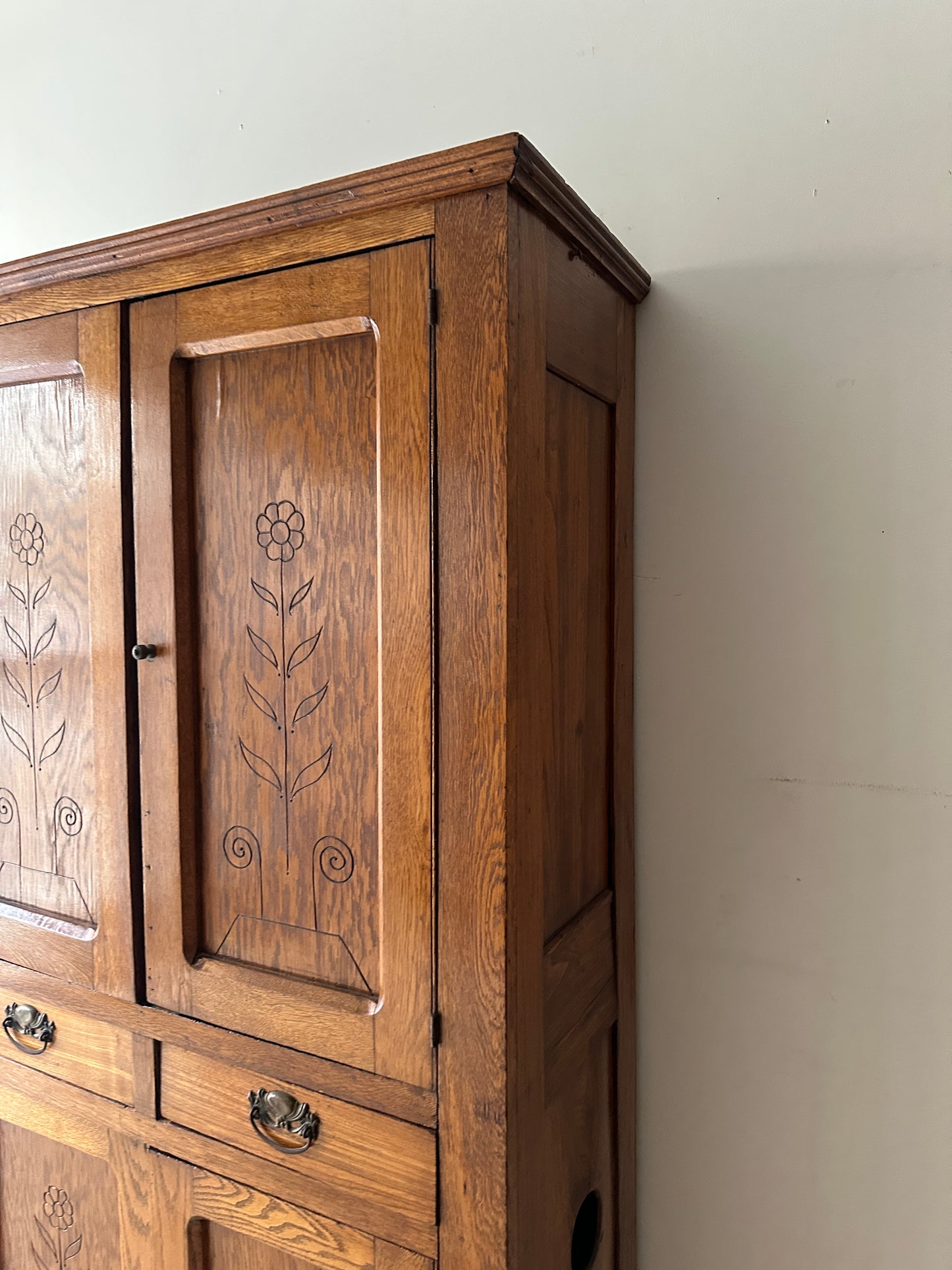 Carved golden oak hutch