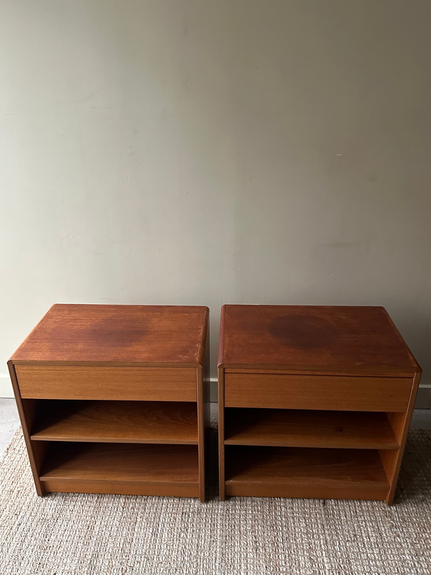 Teak bedside tables. Sold together.