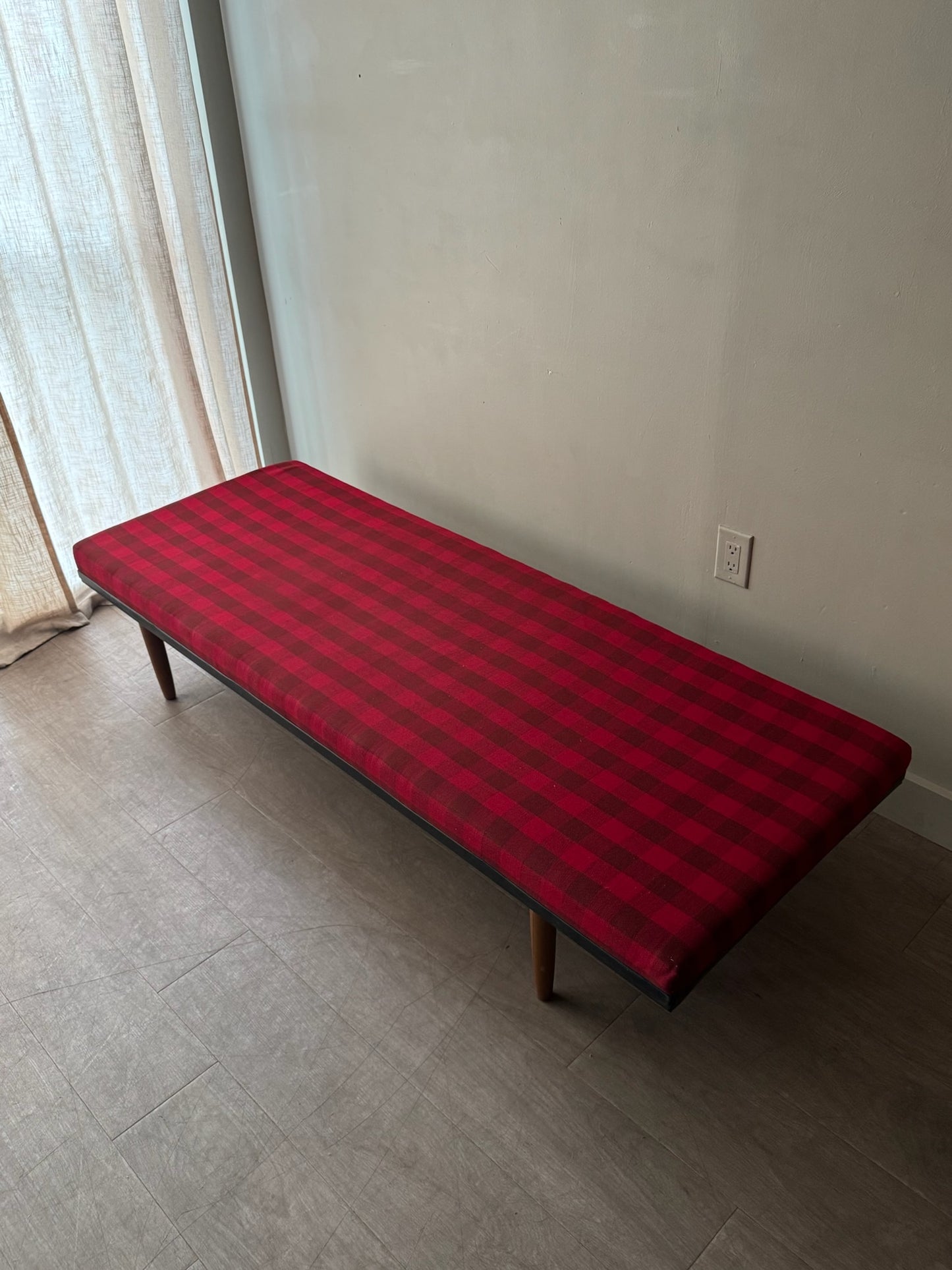 Danish plaid upholstered beech daybed