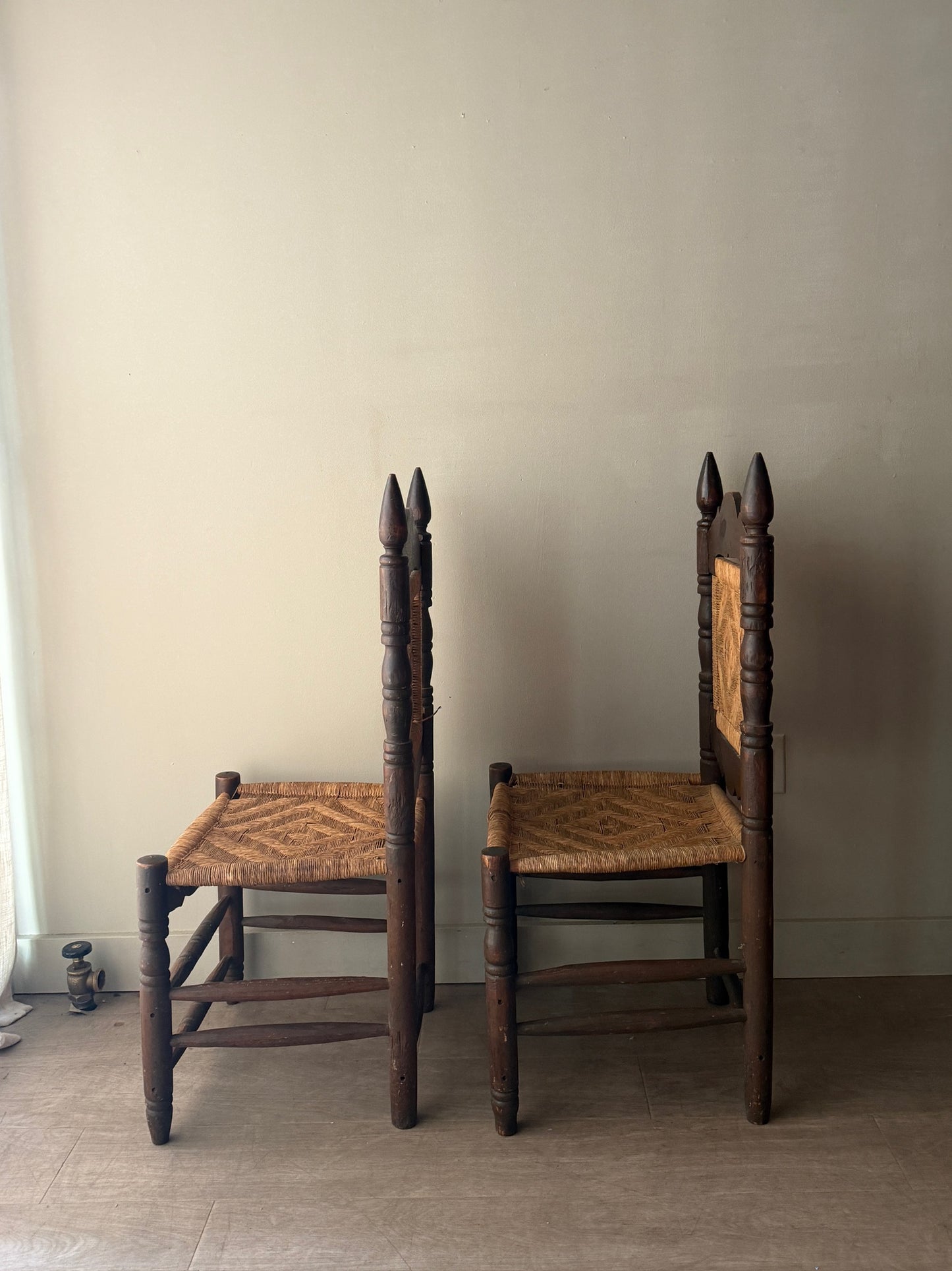 Pine and rush hall chairs (left)