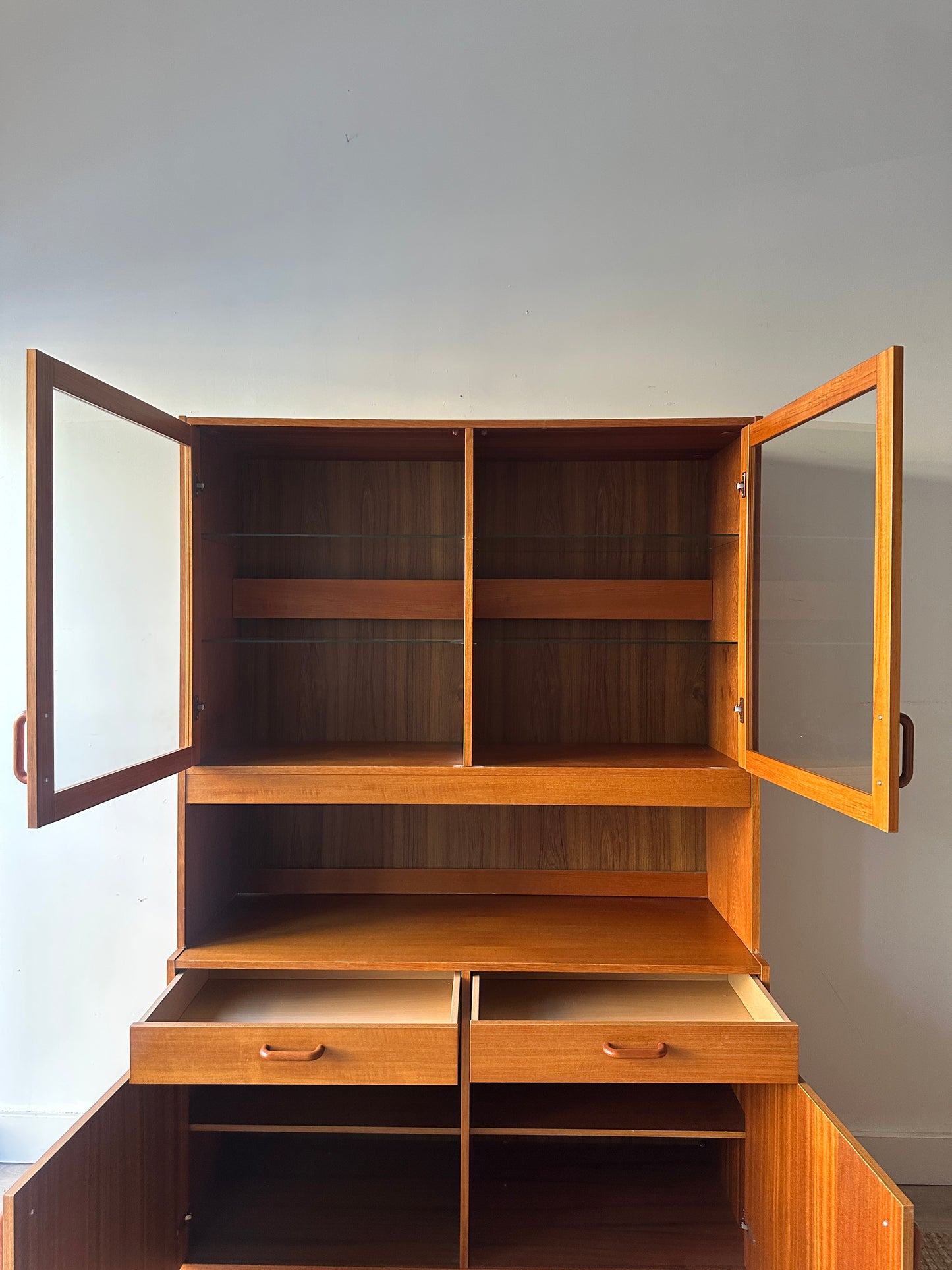 Two piece teak hutch