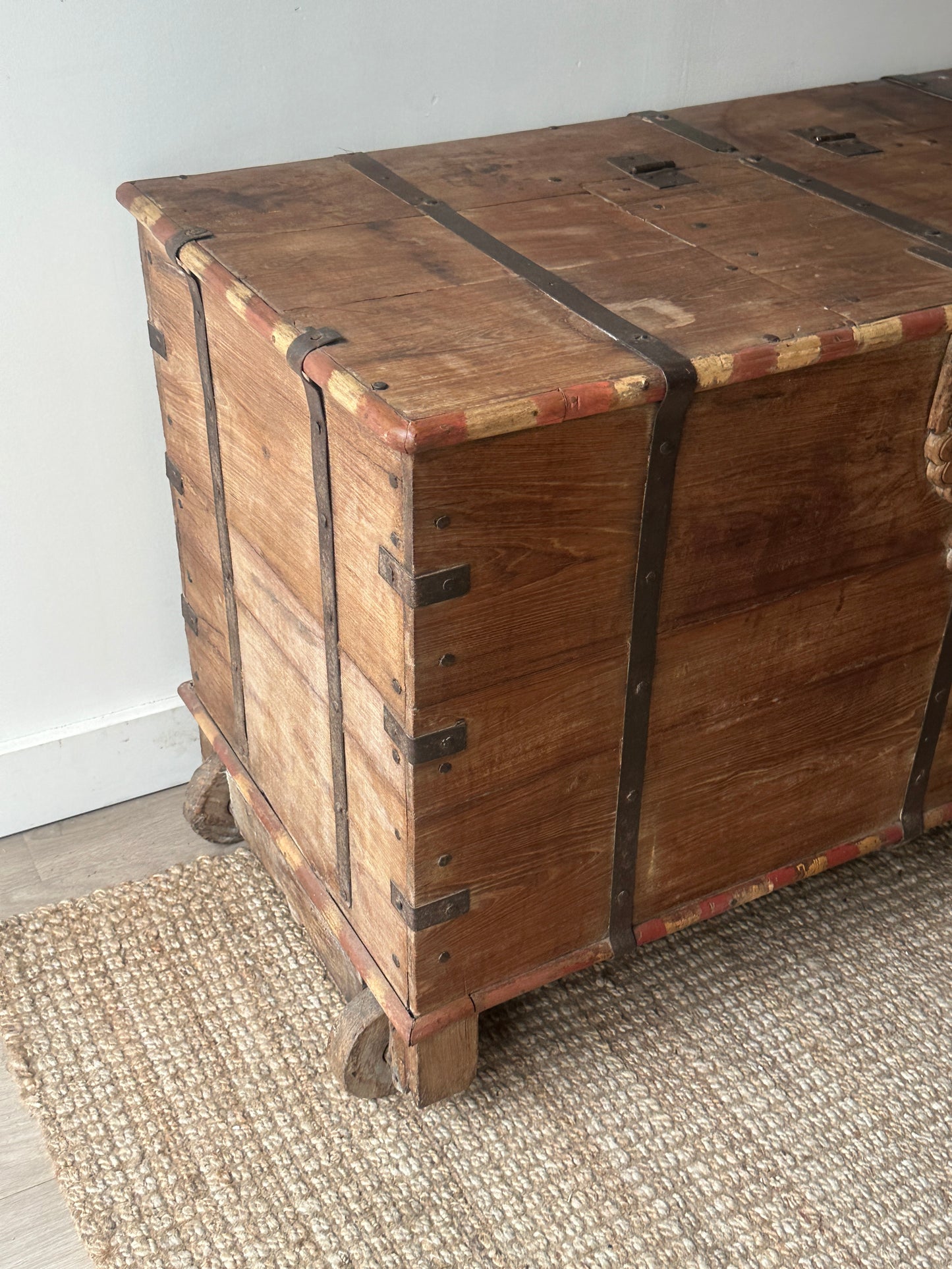 Large wooden chest on castors