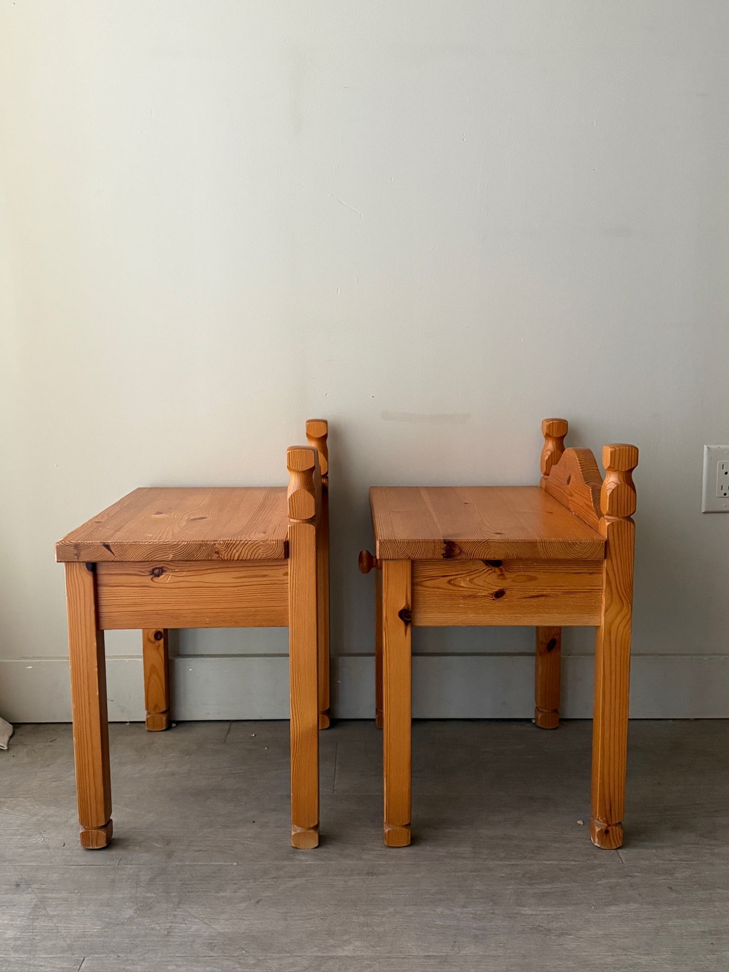 Scandinavian pine nightstands. Sold as a pair.