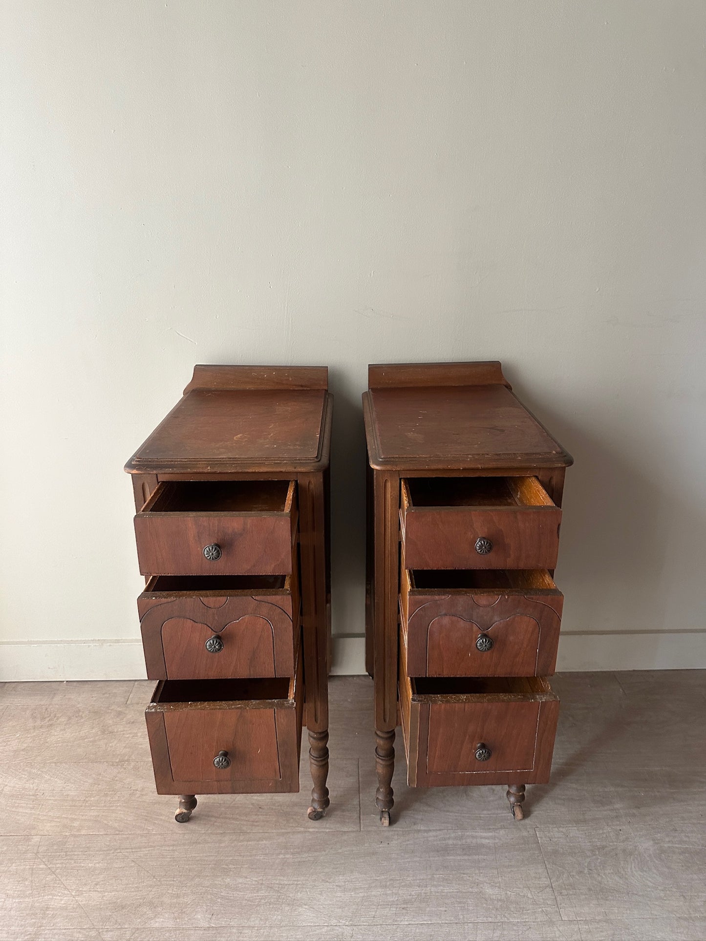 2 depression era nightstands. Sold individually.