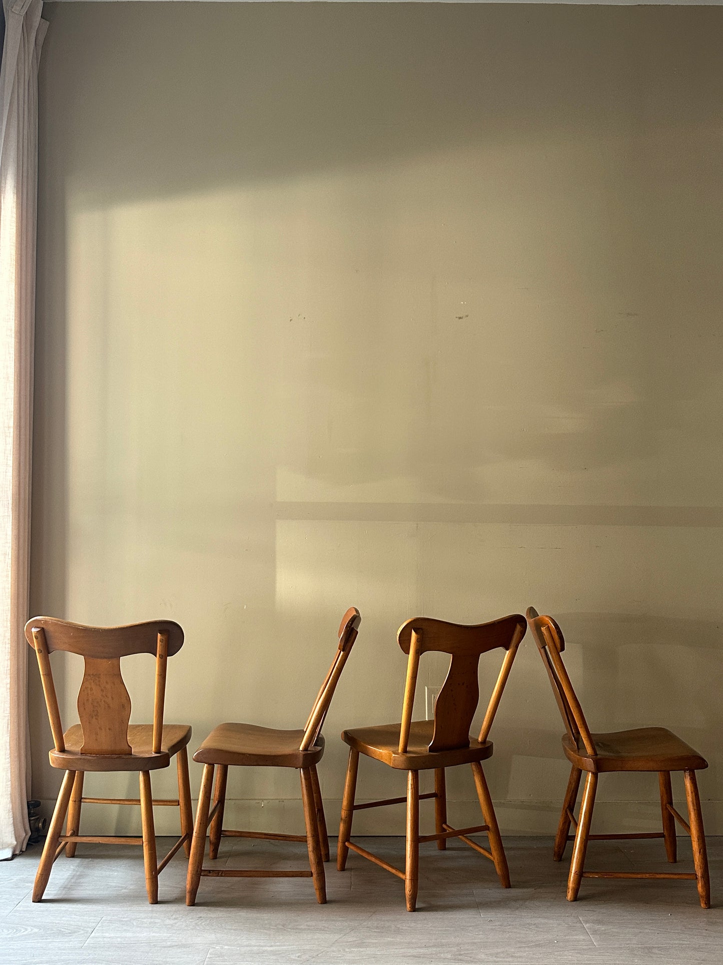 Pine dining chairs. Sold in pairs.