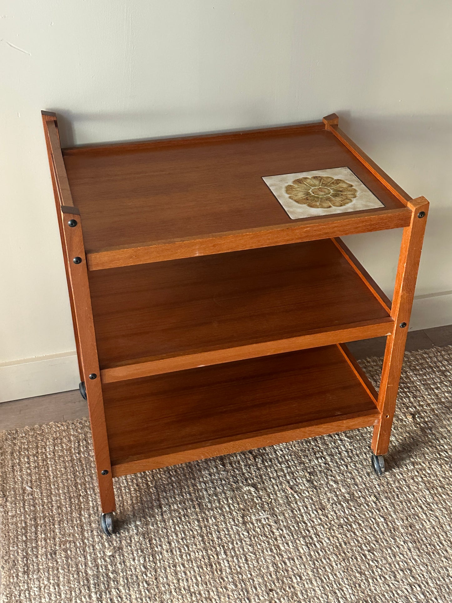 Teak bar cart with tile inlay