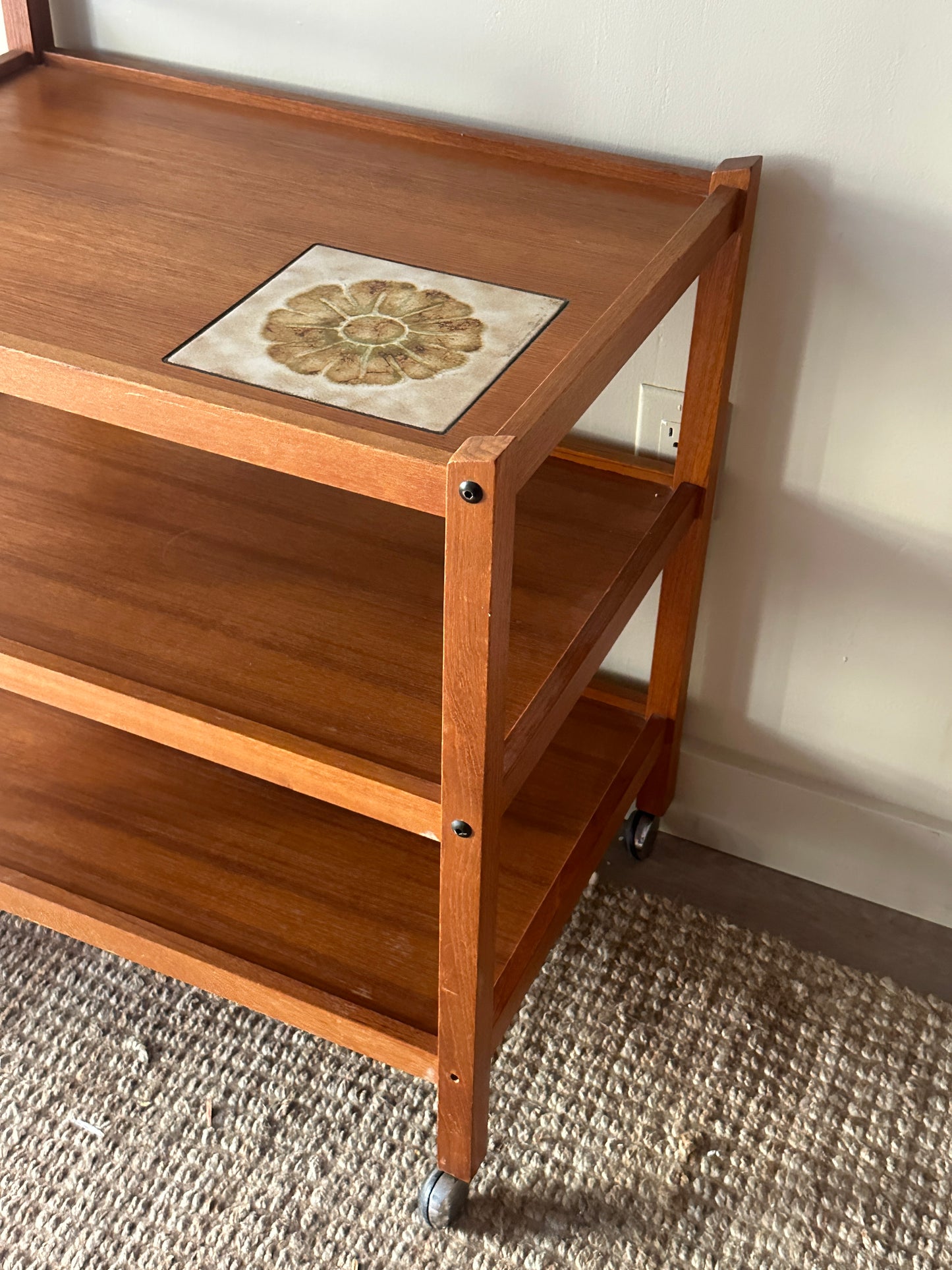 Teak bar cart with tile inlay